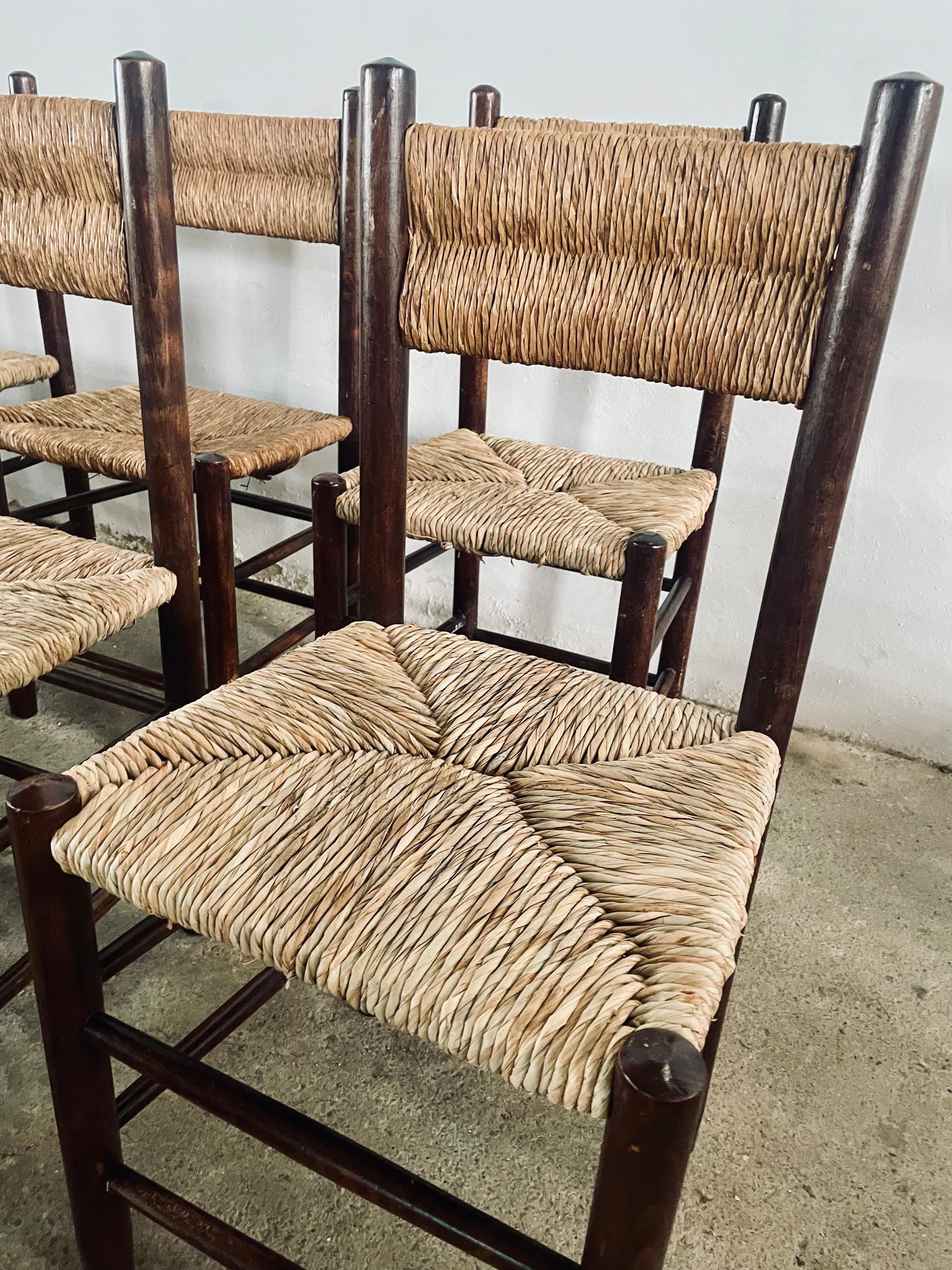 1960s Charlotte PERRIAND French Country Rush Seat Dining Chairs For Sale 7