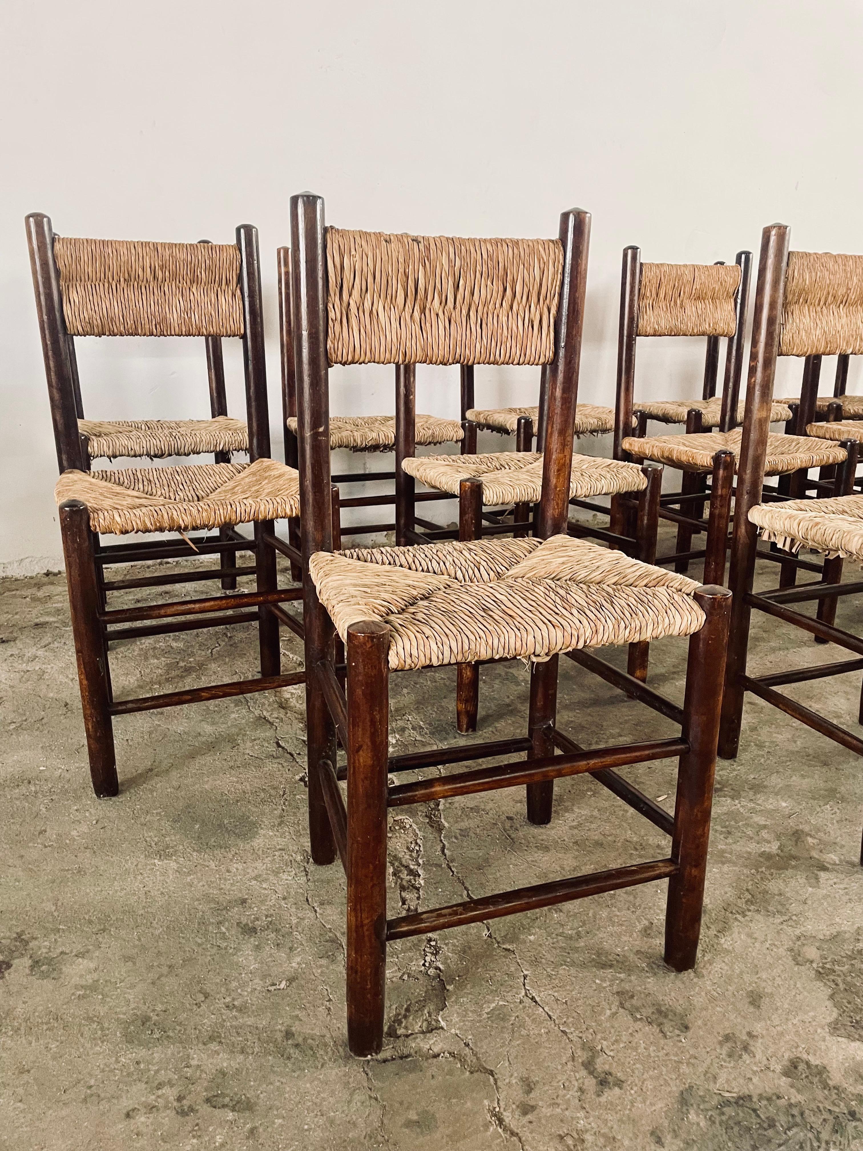 1960s Charlotte PERRIAND French Country Rush Seat Dining Chairs For Sale 8