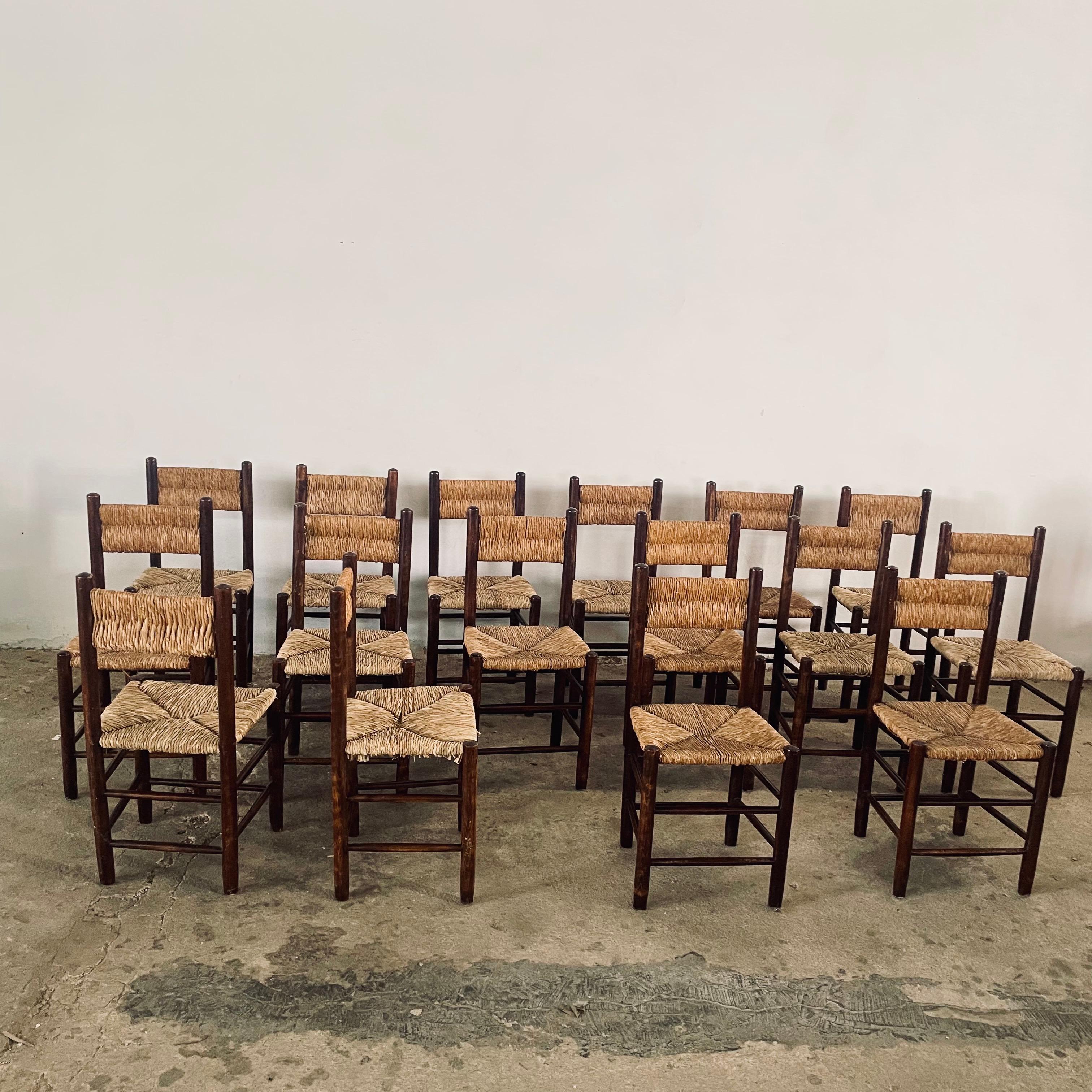 Set of eight (8) Vintage mid-century French  Charlotte PERRIAND style country wicker or rush Seat Chairs, all original condition, 

This vintage set remains fully functional, and it shows some signs of age through scuffs, dings, faded finishes,