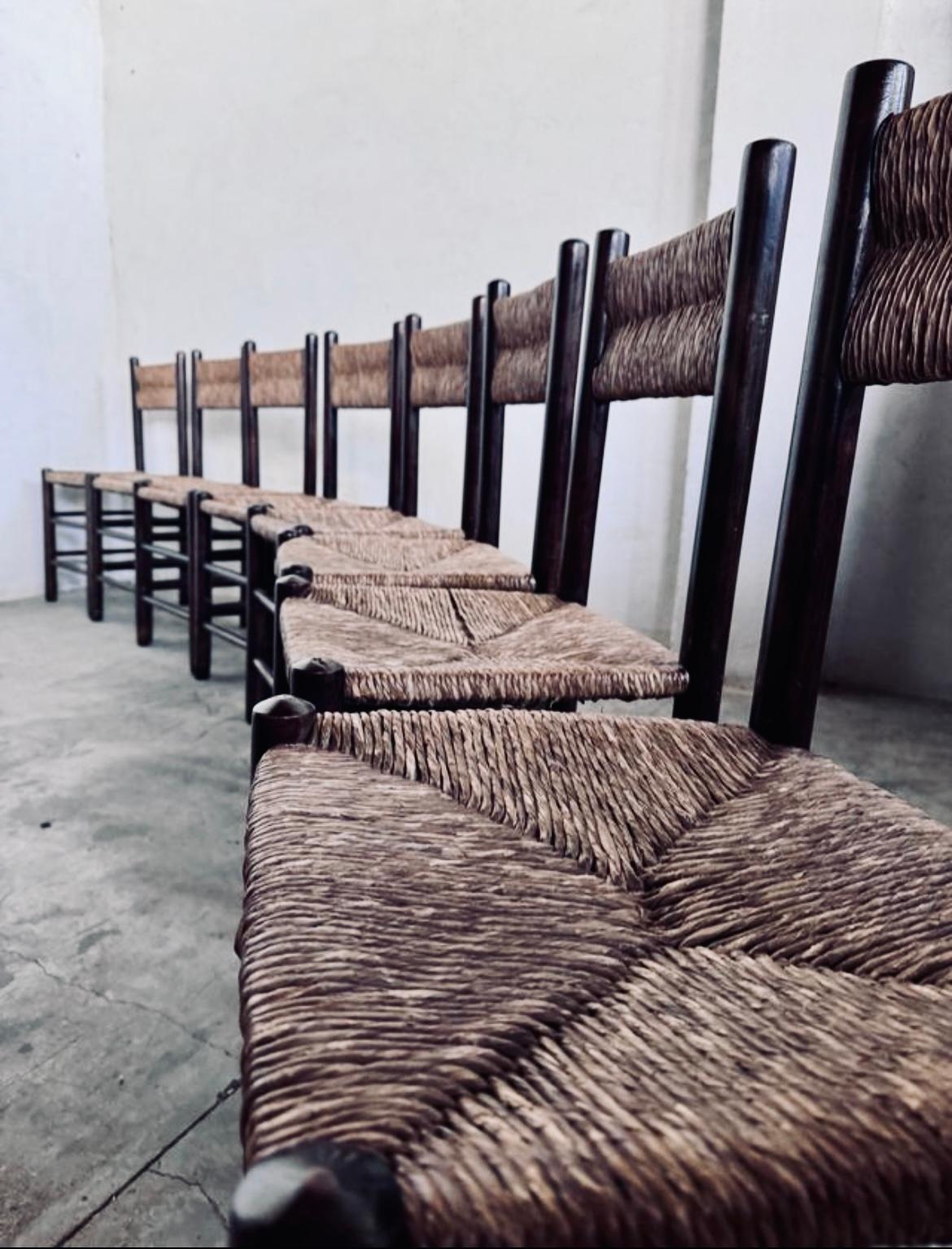 Set of eight (8) Vintage mid-century French  Charlotte PERRIAND style country wicker or rush Seat Chairs, all original condition, 

This vintage set remains fully functional, and it shows some signs of age through scuffs, dings, faded finishes,