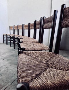 1960s Charlotte PERRIAND French Country Rush Seat Dining Chairs