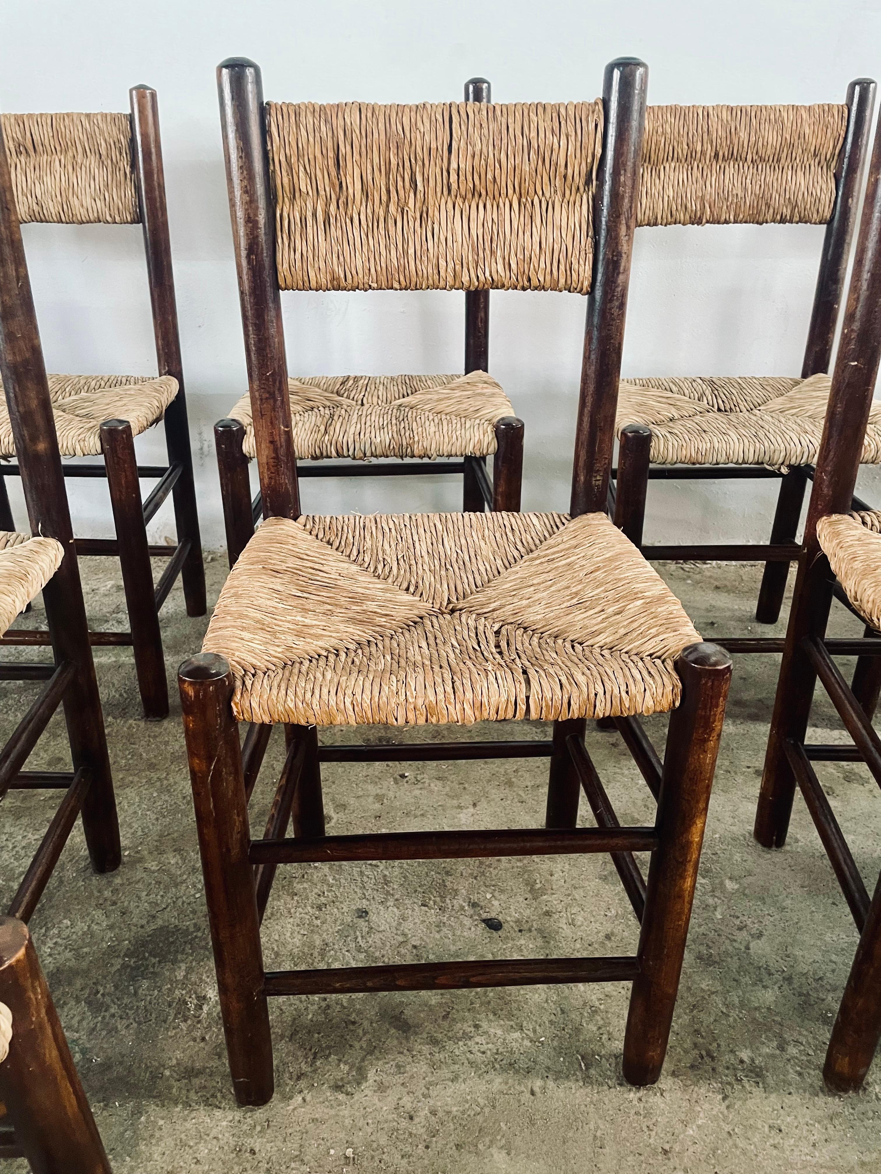 20th Century 1960s Charlotte PERRIAND French Country Rush Seat Dining Chairs For Sale