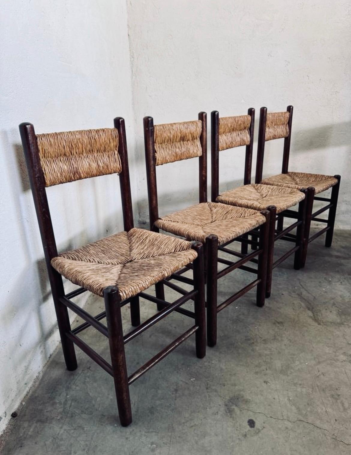 20th Century 1960s Charlotte PERRIAND French Country Rush Seat Dining Chairs For Sale