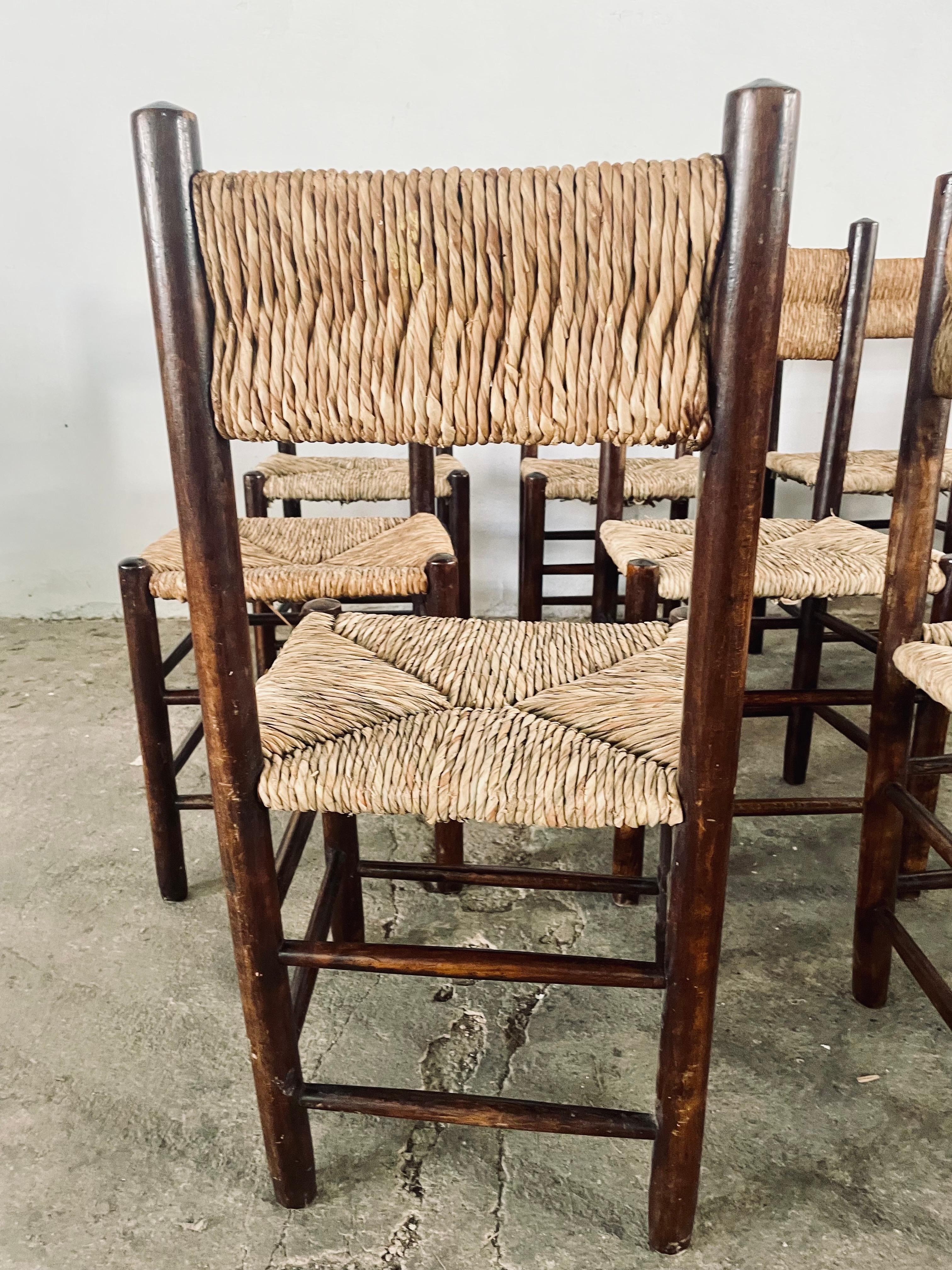 1960s Charlotte PERRIAND French Country Rush Seat Dining Chairs For Sale 1