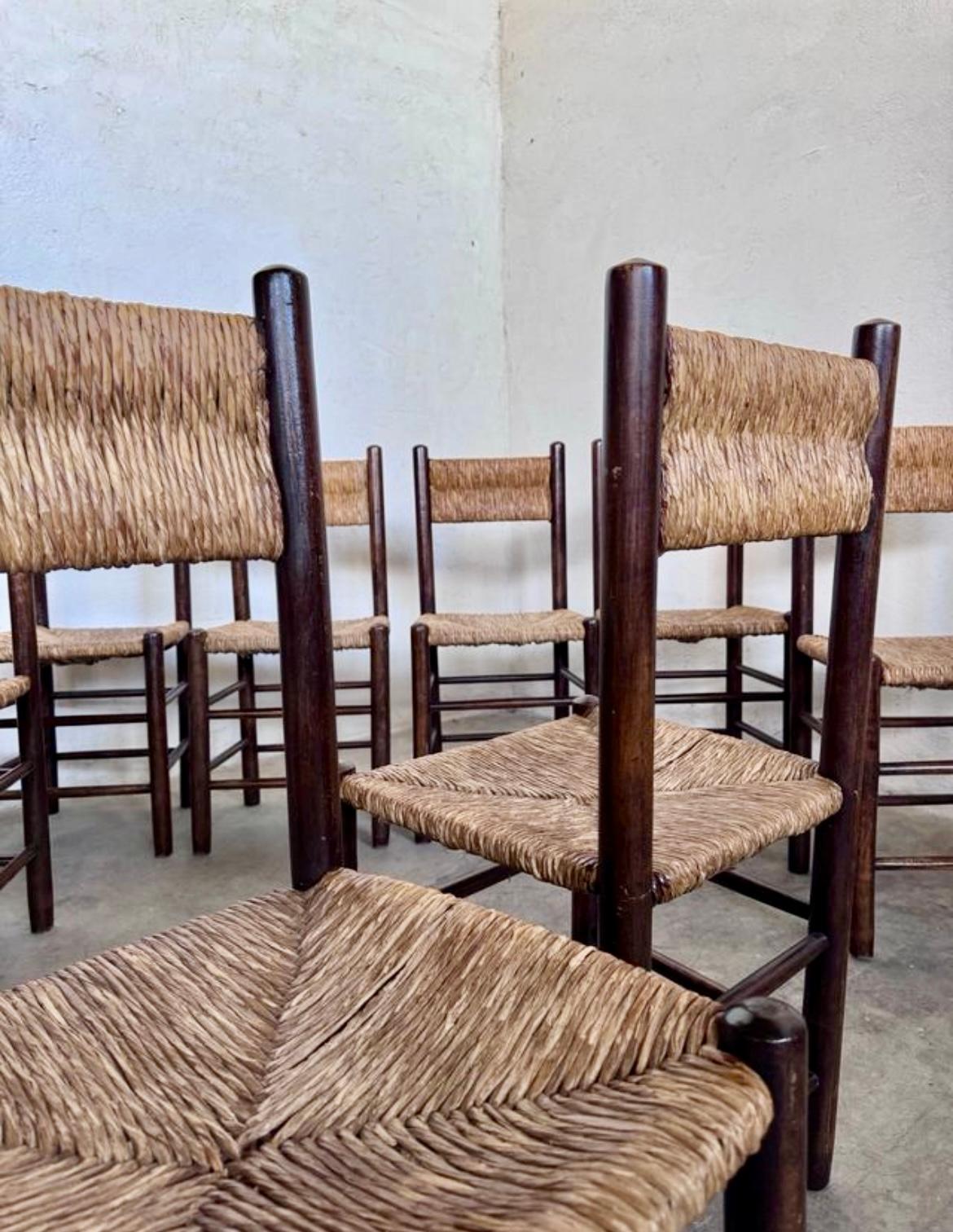1960s Charlotte PERRIAND French Country Rush Seat Dining Chairs For Sale 1