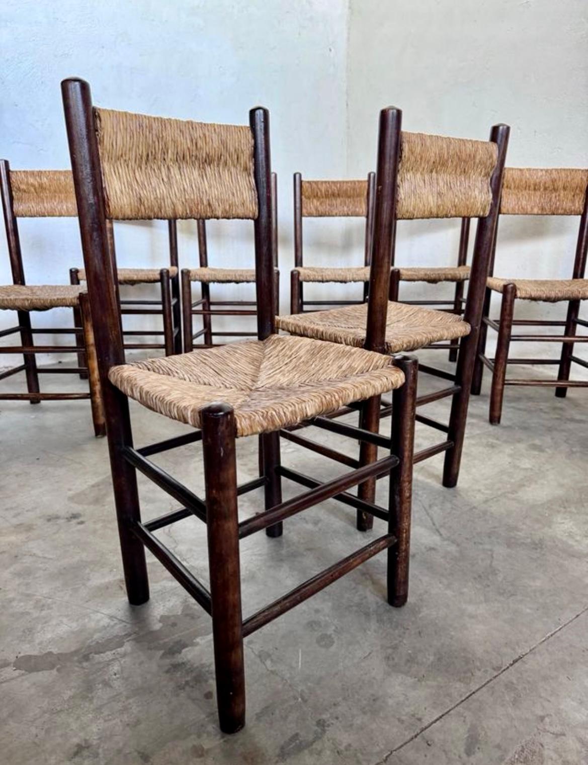 Jonc 1960s Charlotte Perriand French Country Rush Seat Dining Chairs en vente