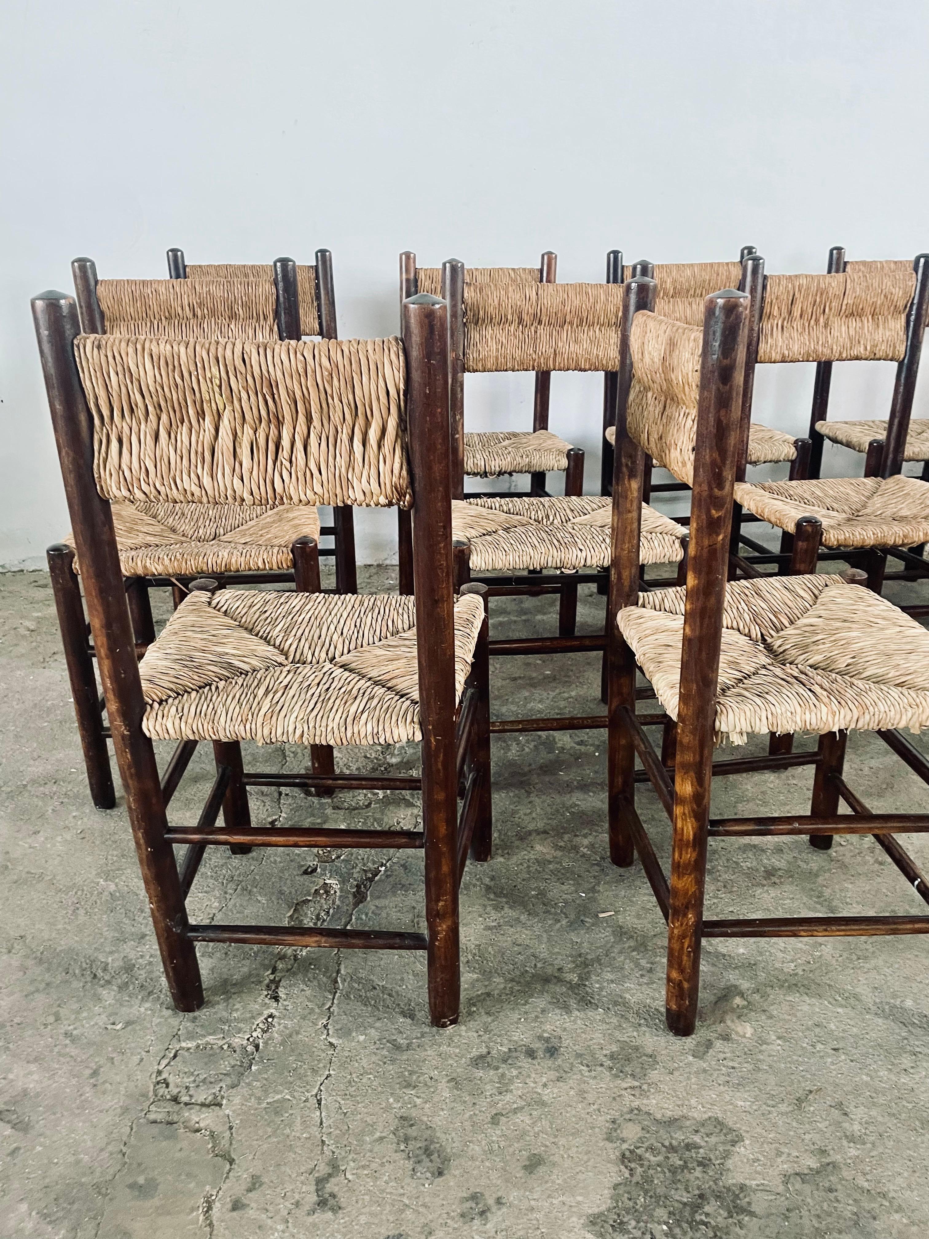 1960s Charlotte PERRIAND French Country Rush Seat Dining Chairs For Sale 3
