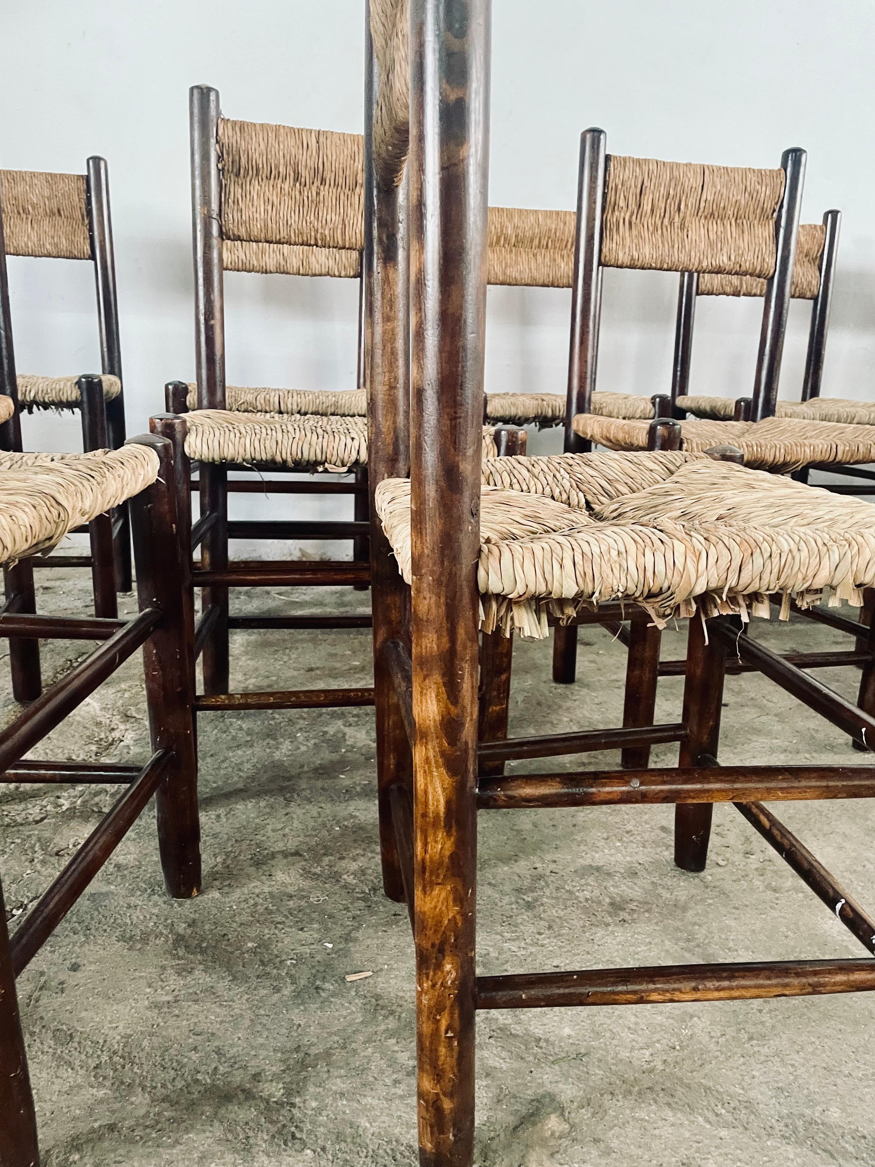 1960s Charlotte PERRIAND French Country Rush Seat Dining Chairs For Sale 4