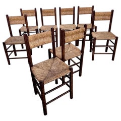 1960s Charlotte Perriand French Country Rush Seat Dining Chairs