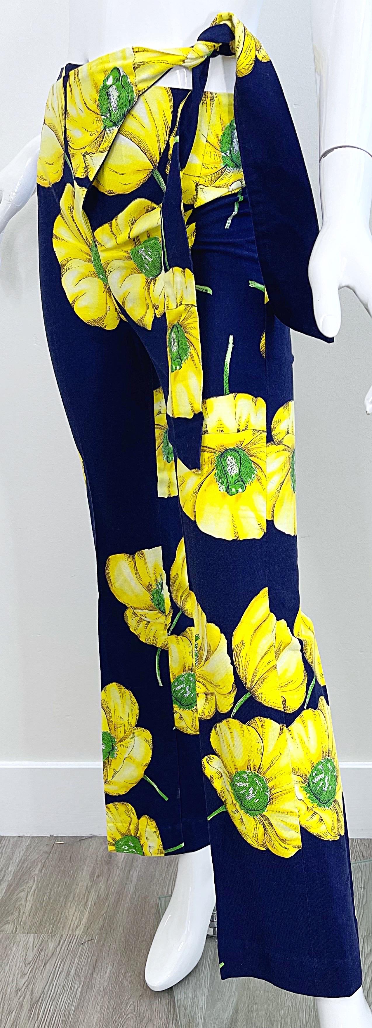 1960s Charm of Hollywood Linen Cotton Mod Flower Print Navy Yellow Flare Pants For Sale 6