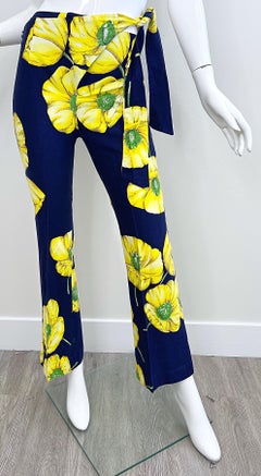 1960s Charm of Hollywood Linen Cotton Mod Flower Print Navy Yellow Flare Pants