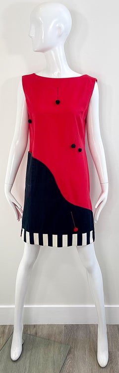 1960s Charm of Hollywood Music Notes and Piano Red Black Cotton Shift Dress 60s