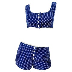 1960s Charm of Hollywood Navy Blue White Polka Dot Crop Top + Hot Pants Shorts