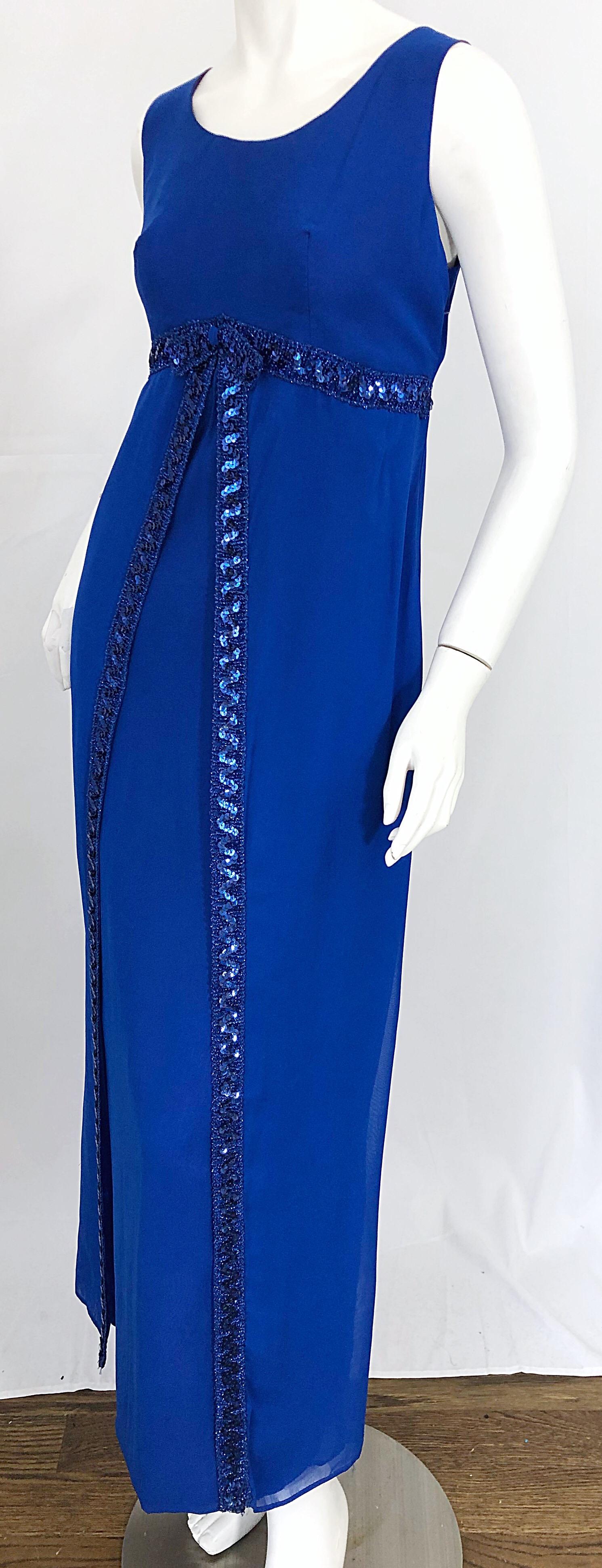 1960s Charmont Model Royal Blue Silk Chiffon Sequin Vintage 60s Maxi Dress Gown For Sale 3