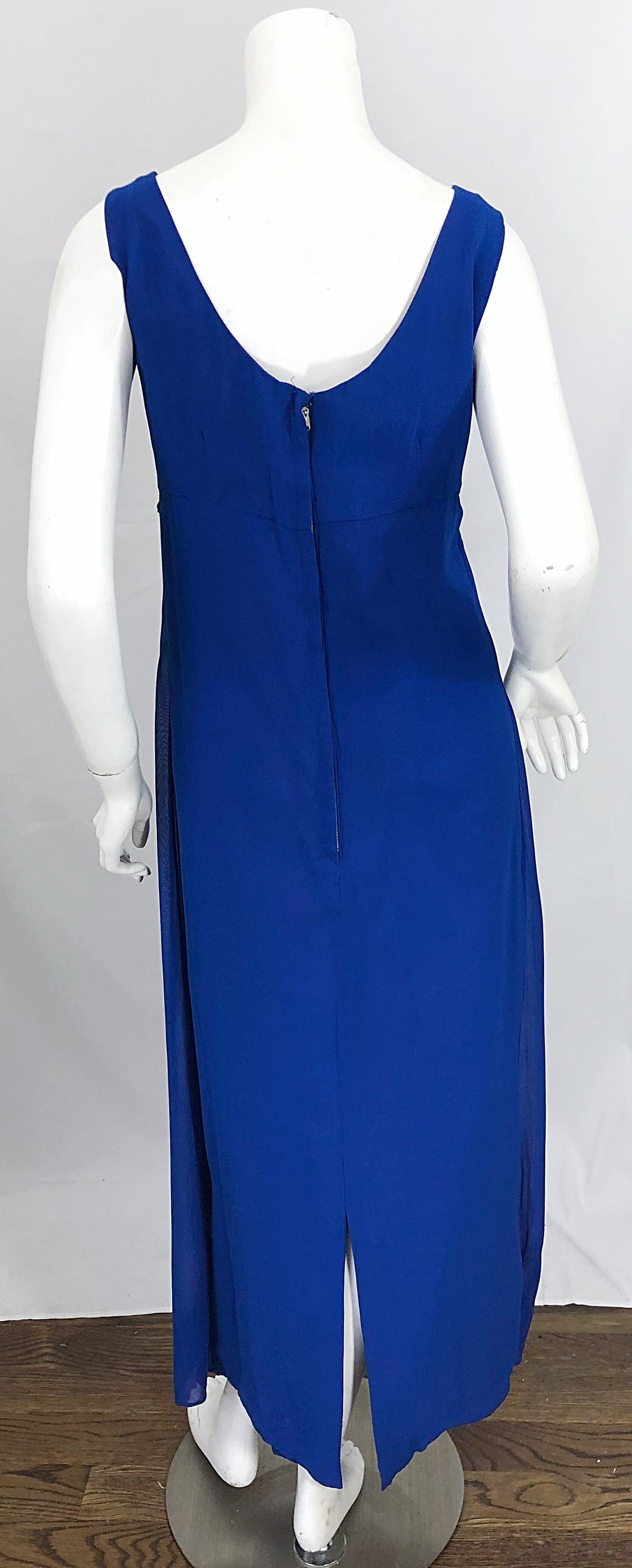 1960s Charmont Model Royal Blue Silk Chiffon Sequin Vintage 60s Maxi Dress Gown For Sale 4