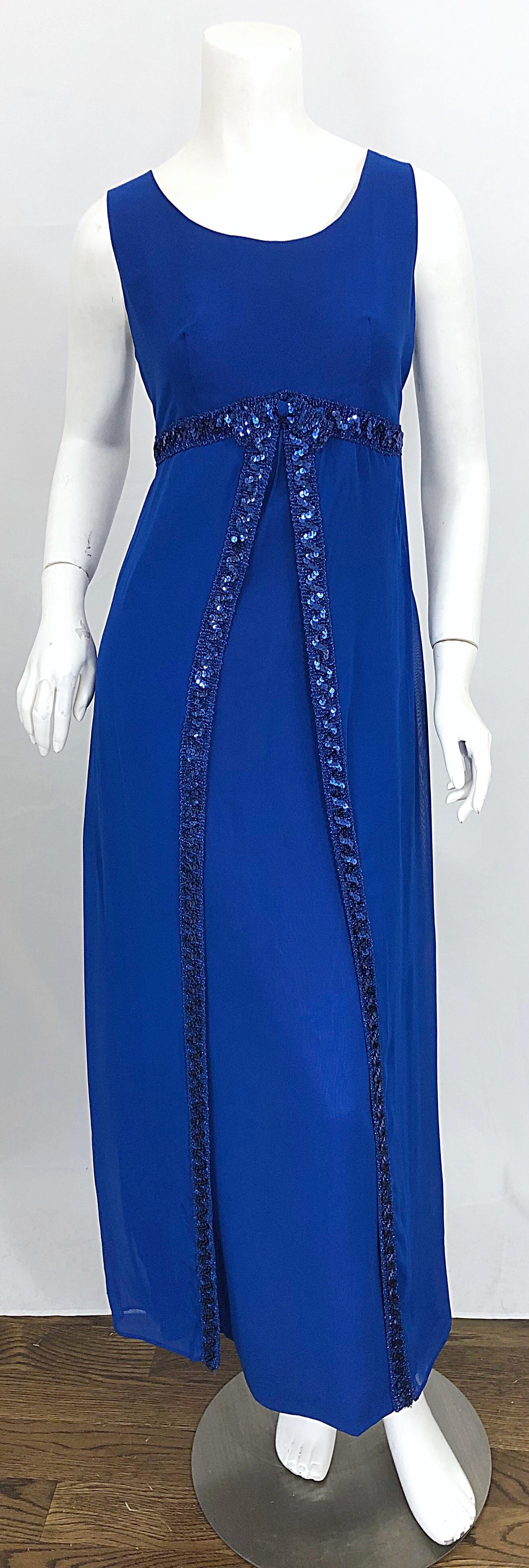 1960s Charmont Model Royal Blue Silk Chiffon Sequin Vintage 60s Maxi Dress Gown For Sale 5