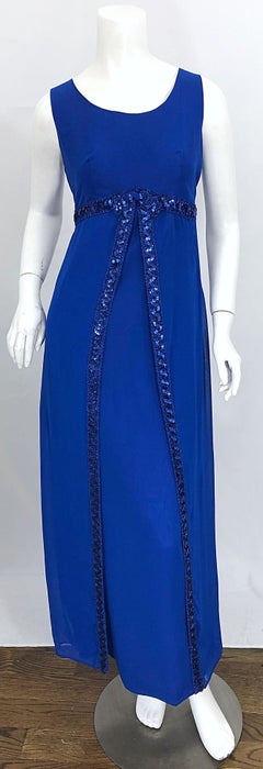 1960s Charmont Model Royal Blue Silk Chiffon Sequin Vintage 60s Maxi Dress Gown