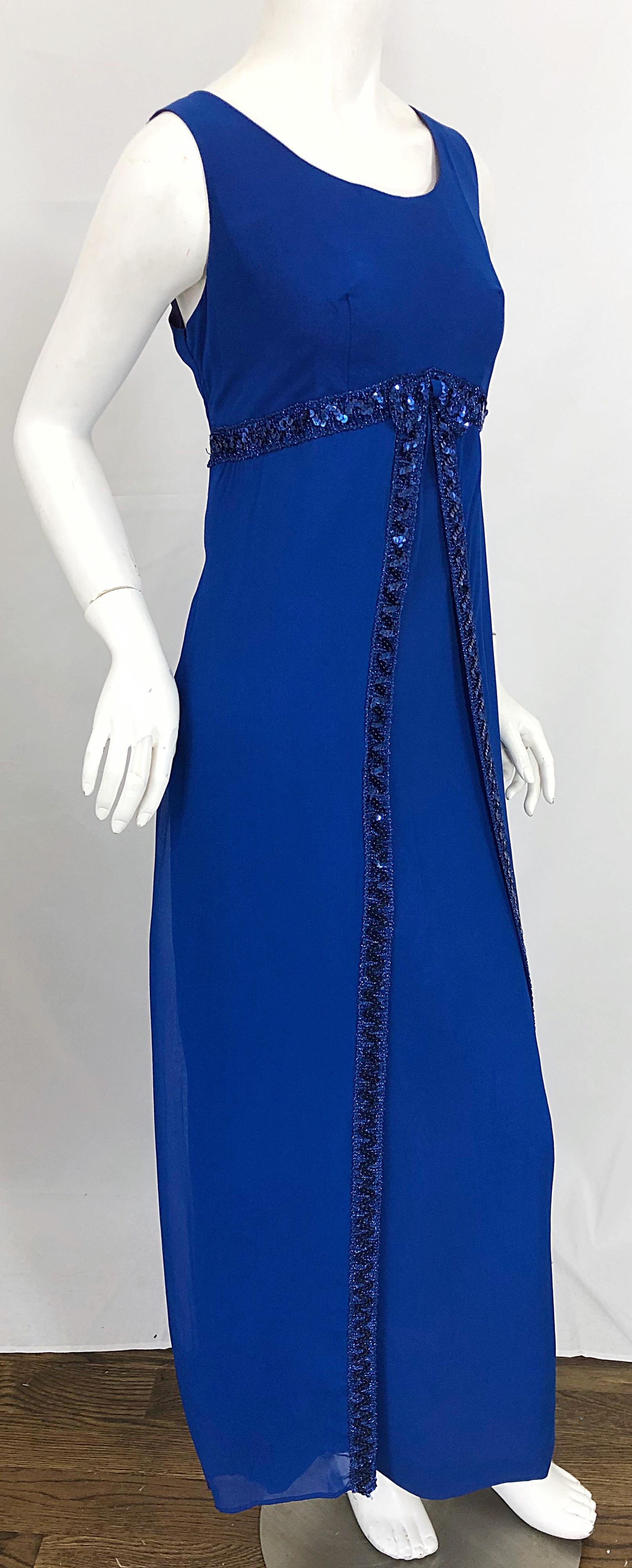 1960s Charmont Model Royal Blue Silk Chiffon Sequin Vintage 60s Maxi Dress Gown In Excellent Condition For Sale In San Diego, CA