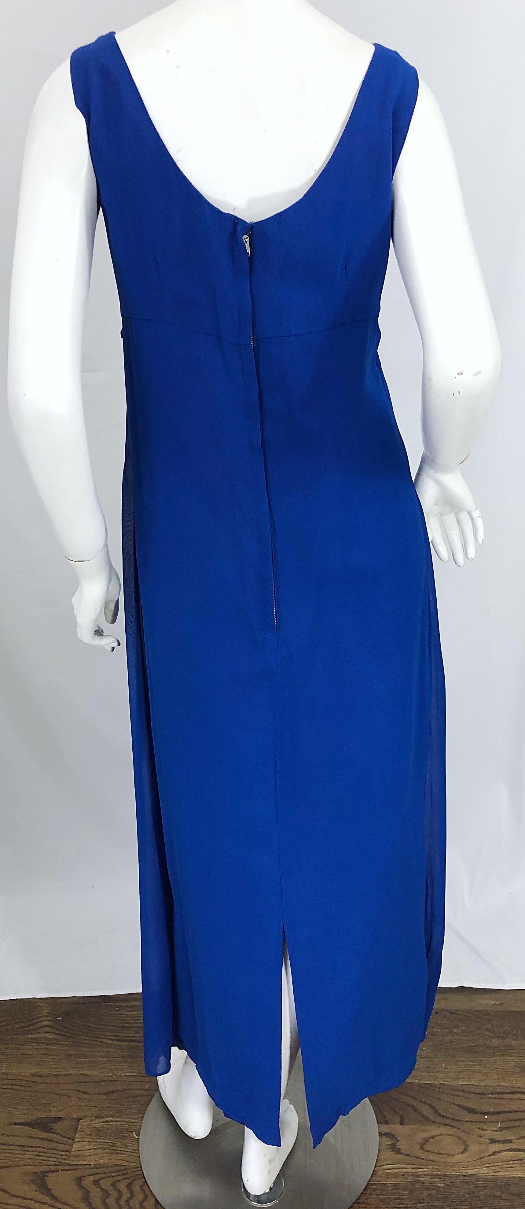 Women's 1960s Charmont Model Royal Blue Silk Chiffon Sequin Vintage 60s Maxi Dress Gown For Sale