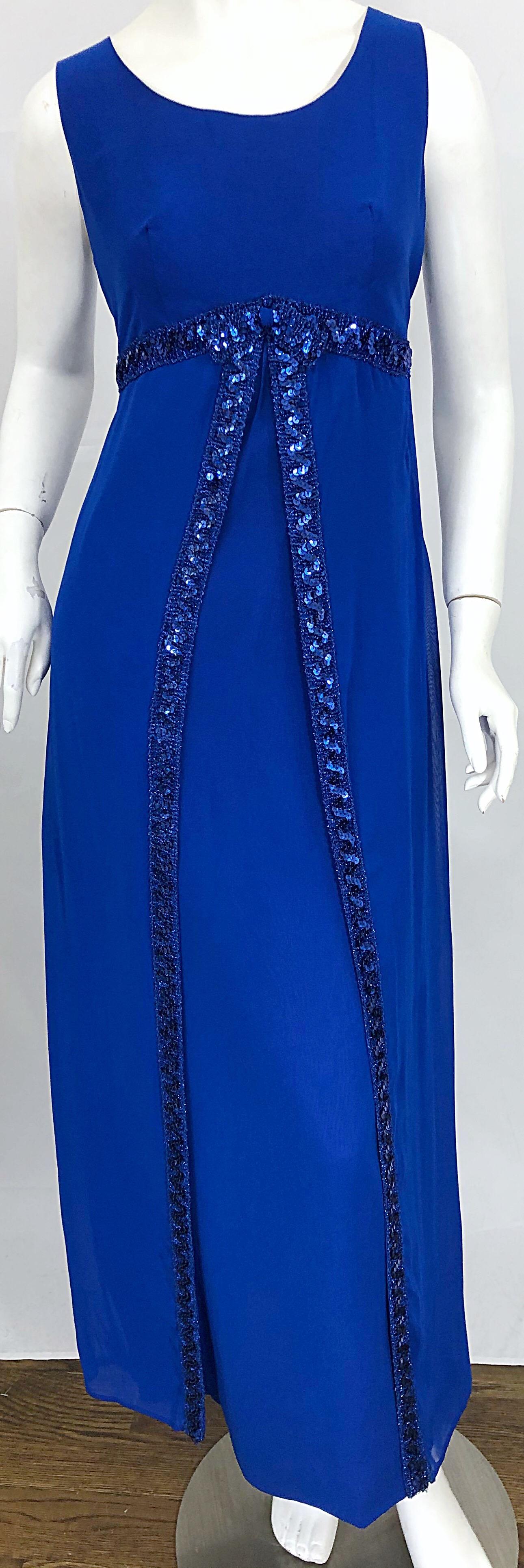 1960s Charmont Model Royal Blue Silk Chiffon Sequin Vintage 60s Maxi Dress Gown For Sale 1