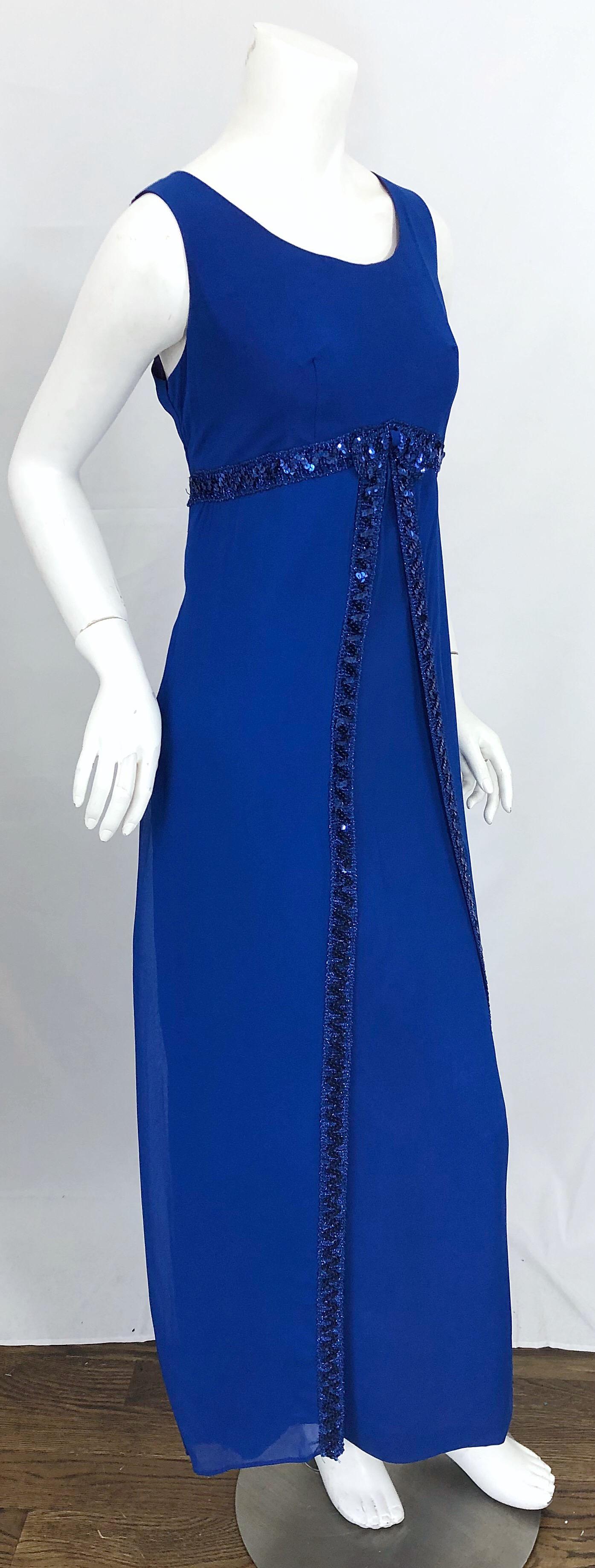 1960s Charmont Model Royal Blue Silk Chiffon Sequin Vintage 60s Maxi Dress Gown For Sale 2