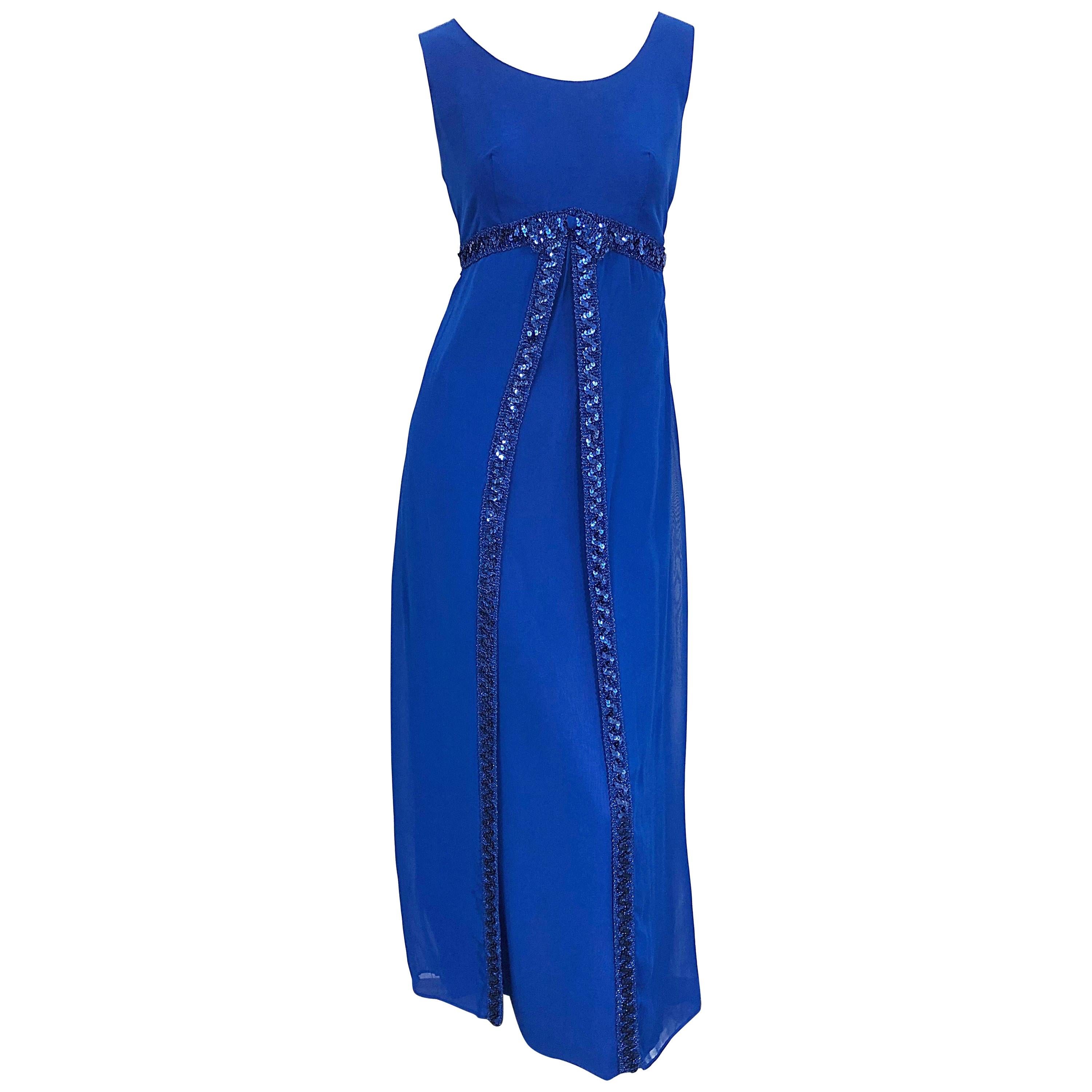 1960s Charmont Model Royal Blue Silk Chiffon Sequin Vintage 60s Maxi Dress Gown For Sale