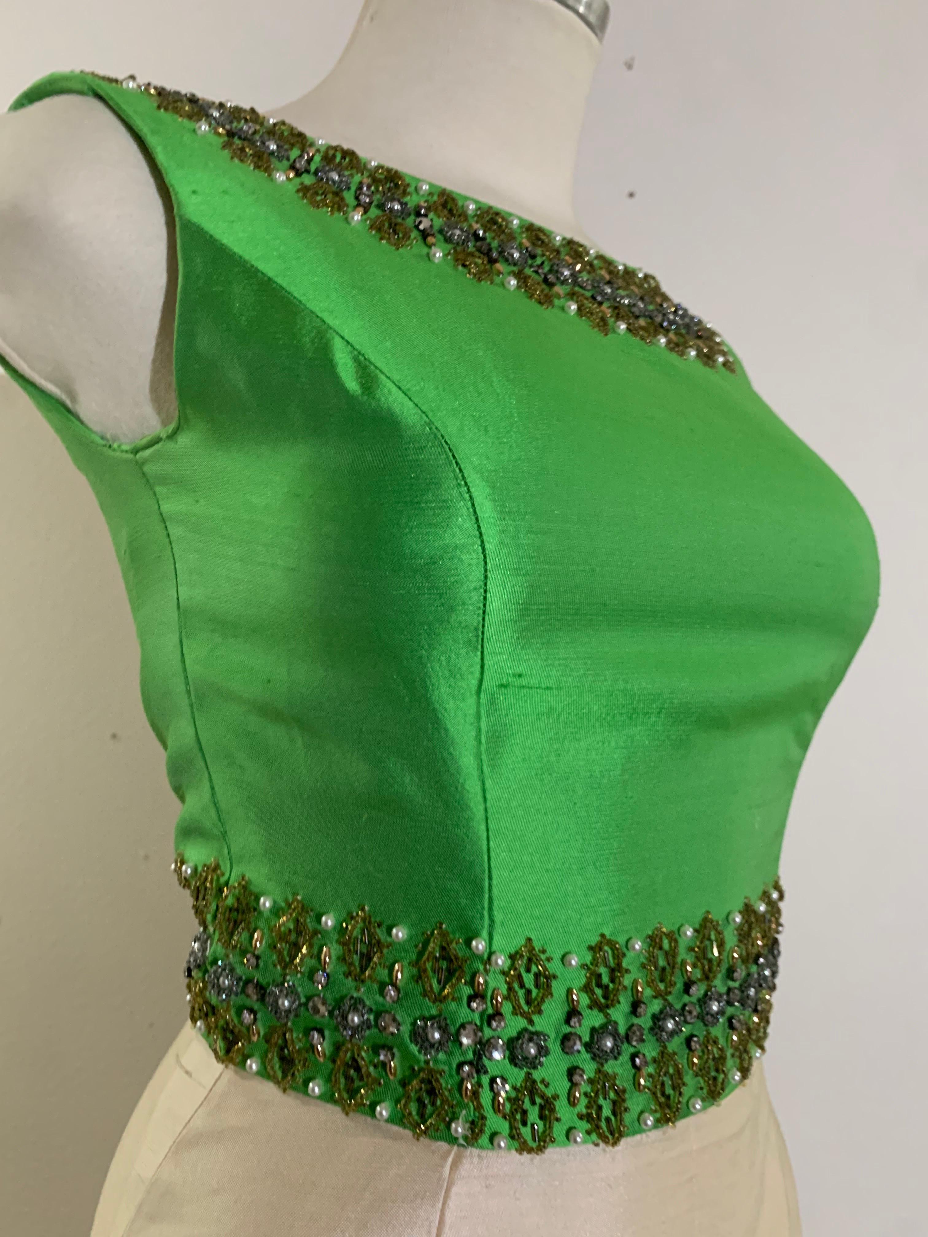 1960s Chartreuse & Ivory Silk Gown w Intricately Beaded Neck Waist & Hem 5