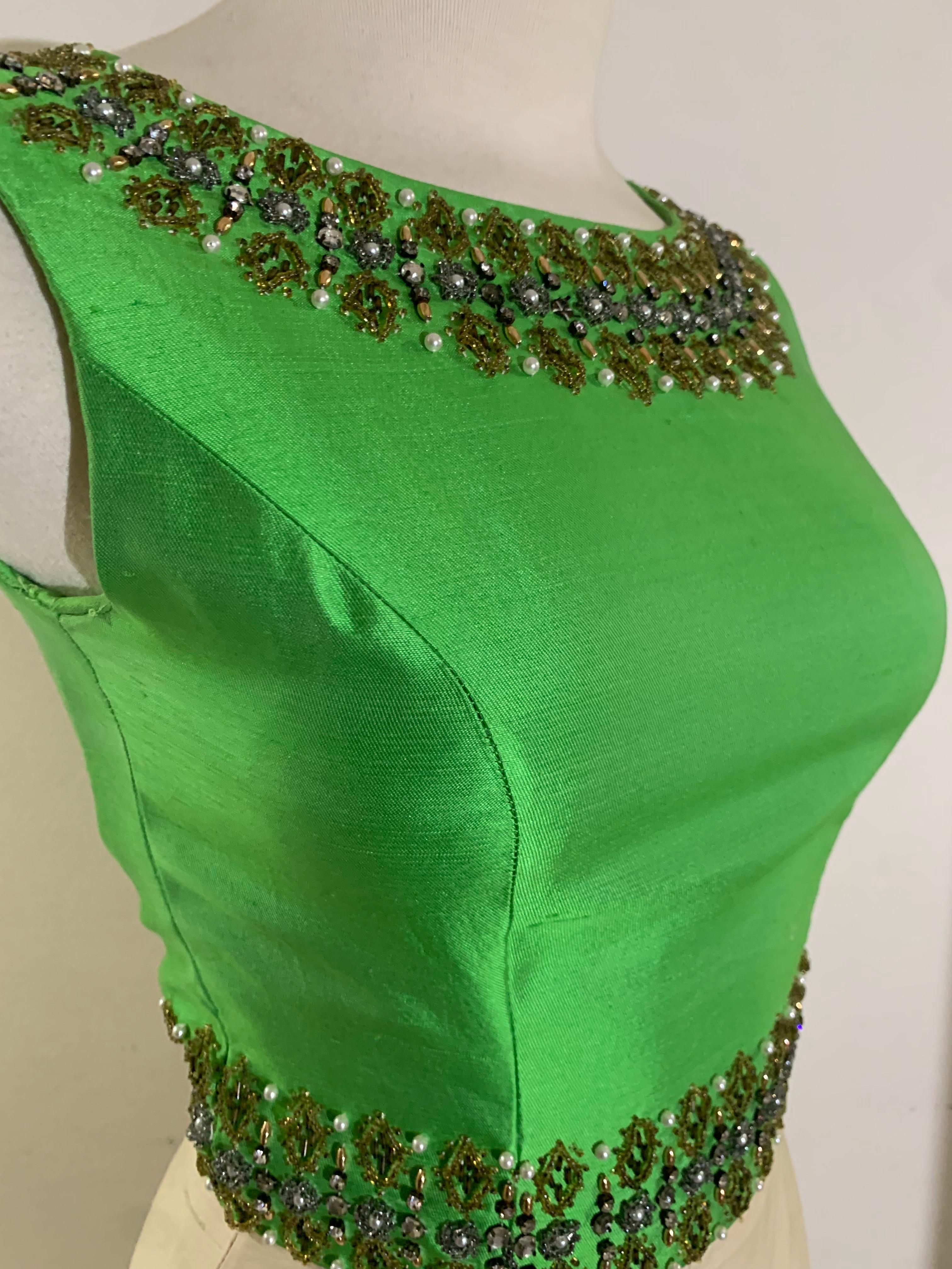 1960s Chartreuse & Ivory Silk Gown w Intricately Beaded Neck Waist & Hem 6