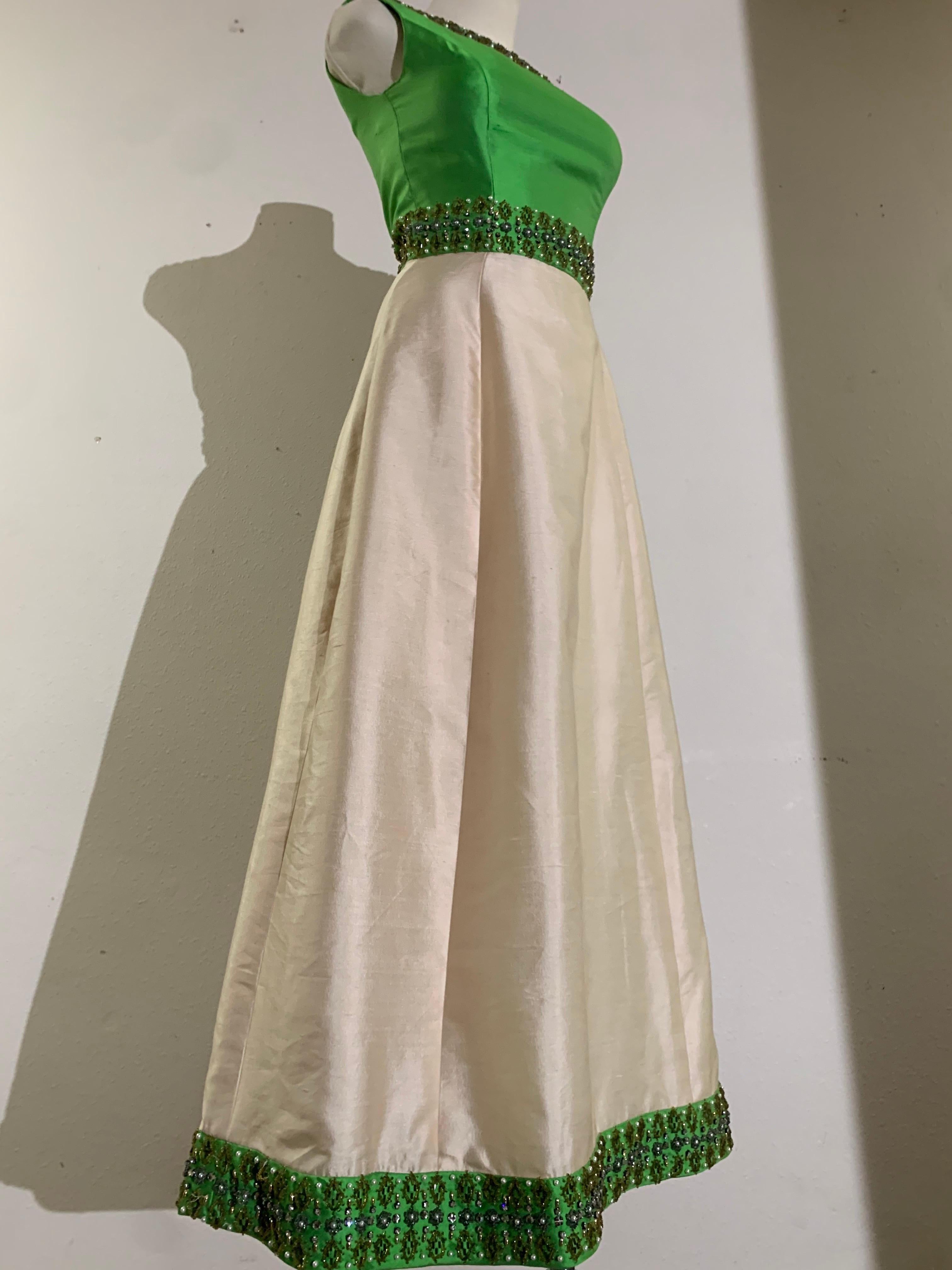 1960s Chartreuse & Ivory Silk Gown w Intricately Beaded Neck Waist & Hem 7