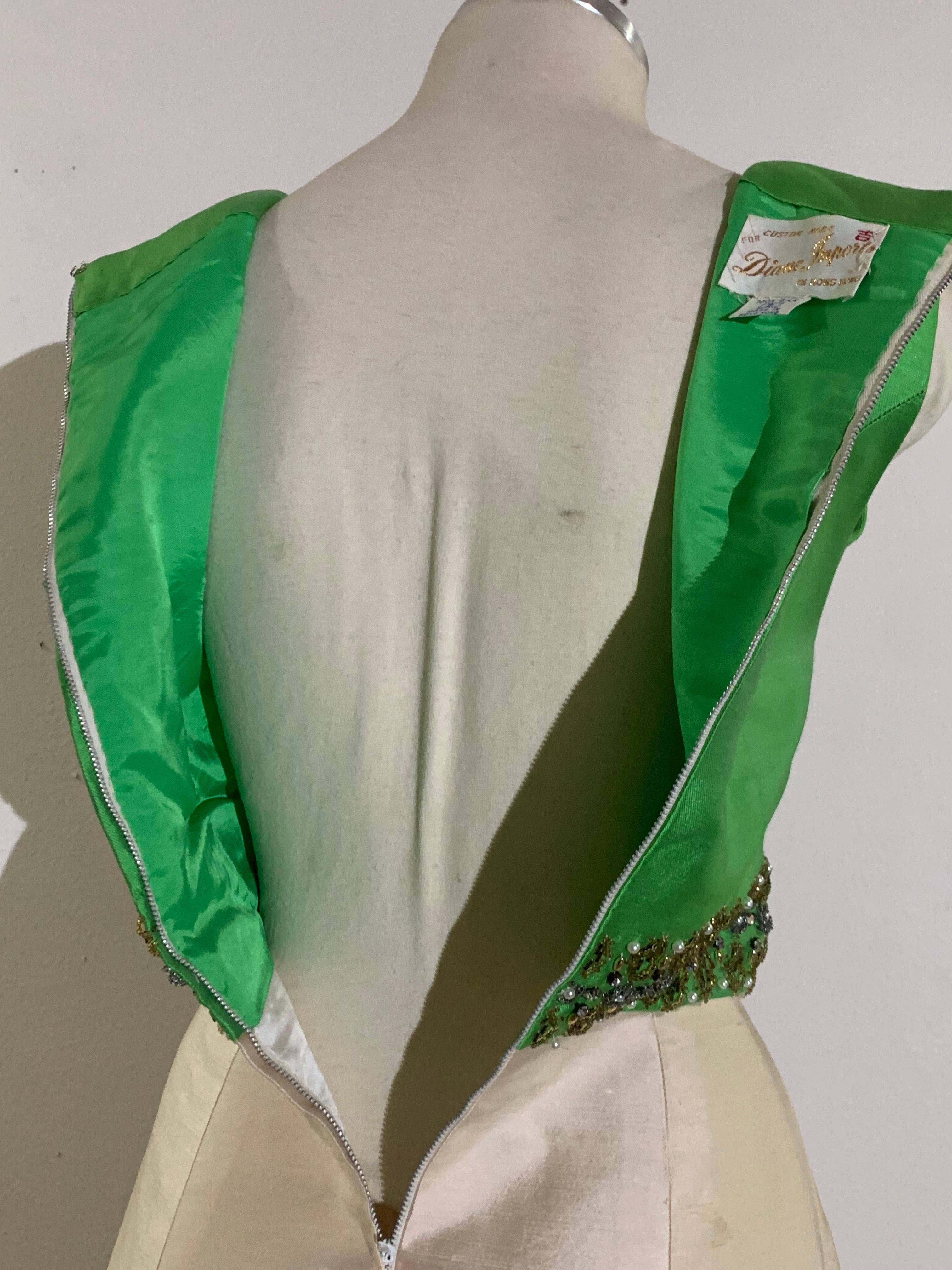 1960s Chartreuse & Ivory Silk Gown w Intricately Beaded Neck Waist & Hem 10