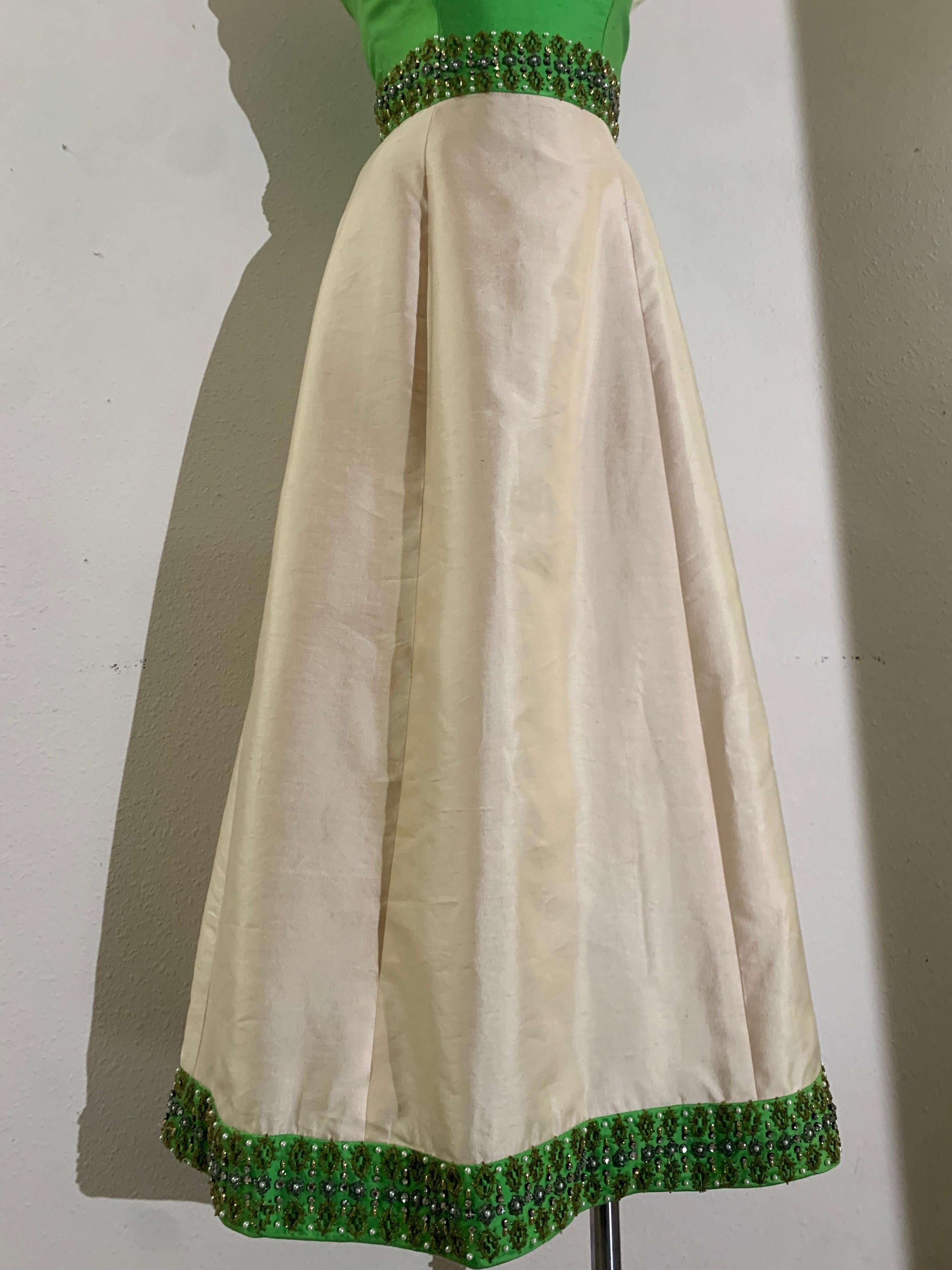 1960s Chartreuse & Ivory Silk Gown w Intricately Beaded Neck Waist & Hem: Hong Kong tailoring and striking color blocking make this a stunningly simple gown. Mixed tone, silver and gold, beadwork is a really lovely detail at wide Sabrina neckline,