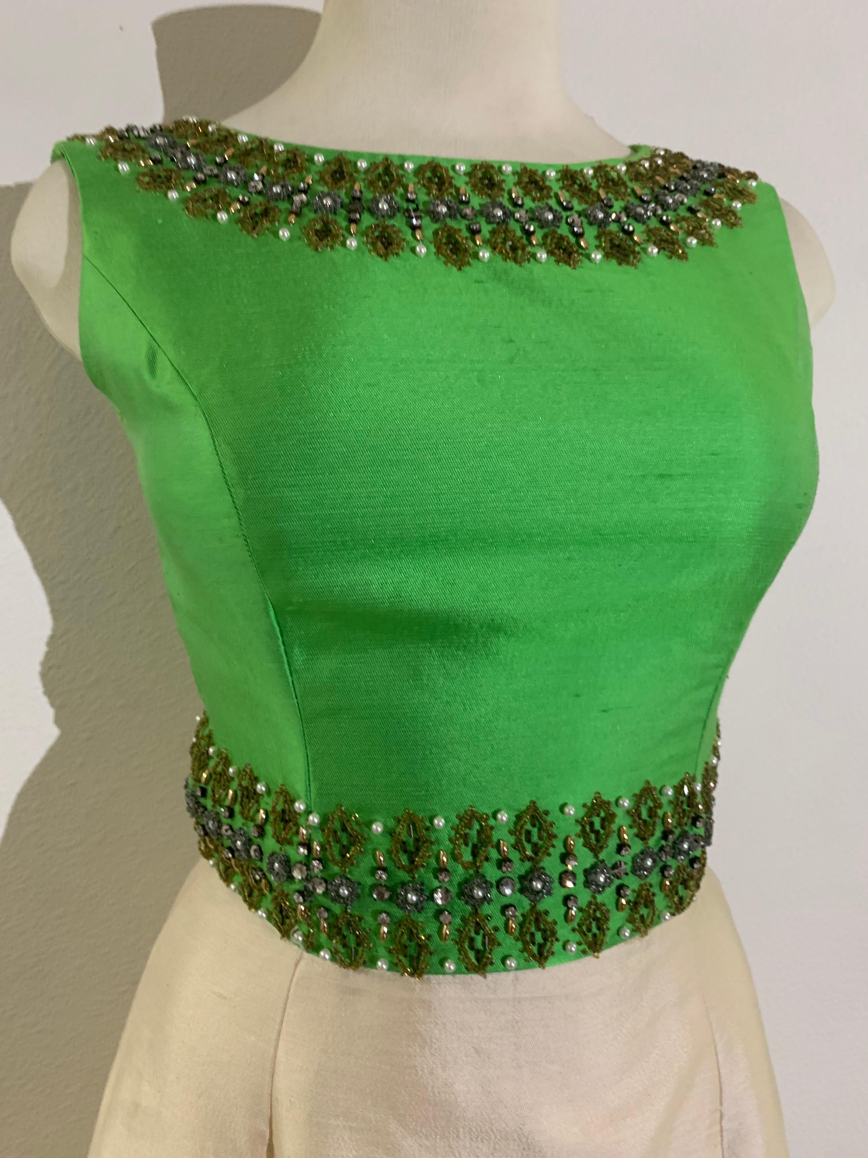 Beige 1960s Chartreuse & Ivory Silk Gown w Intricately Beaded Neck Waist & Hem