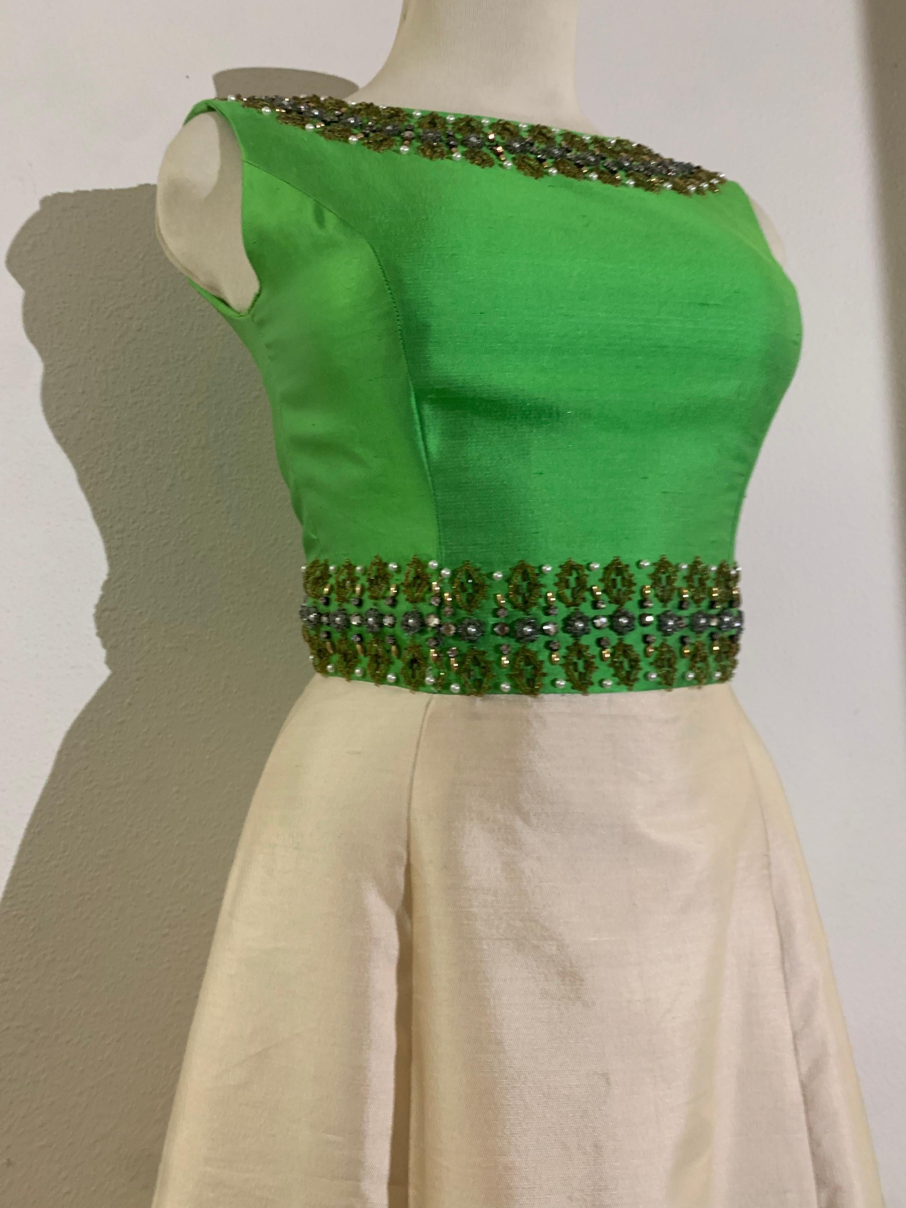 1960s Chartreuse & Ivory Silk Gown w Intricately Beaded Neck Waist & Hem In Excellent Condition In Gresham, OR