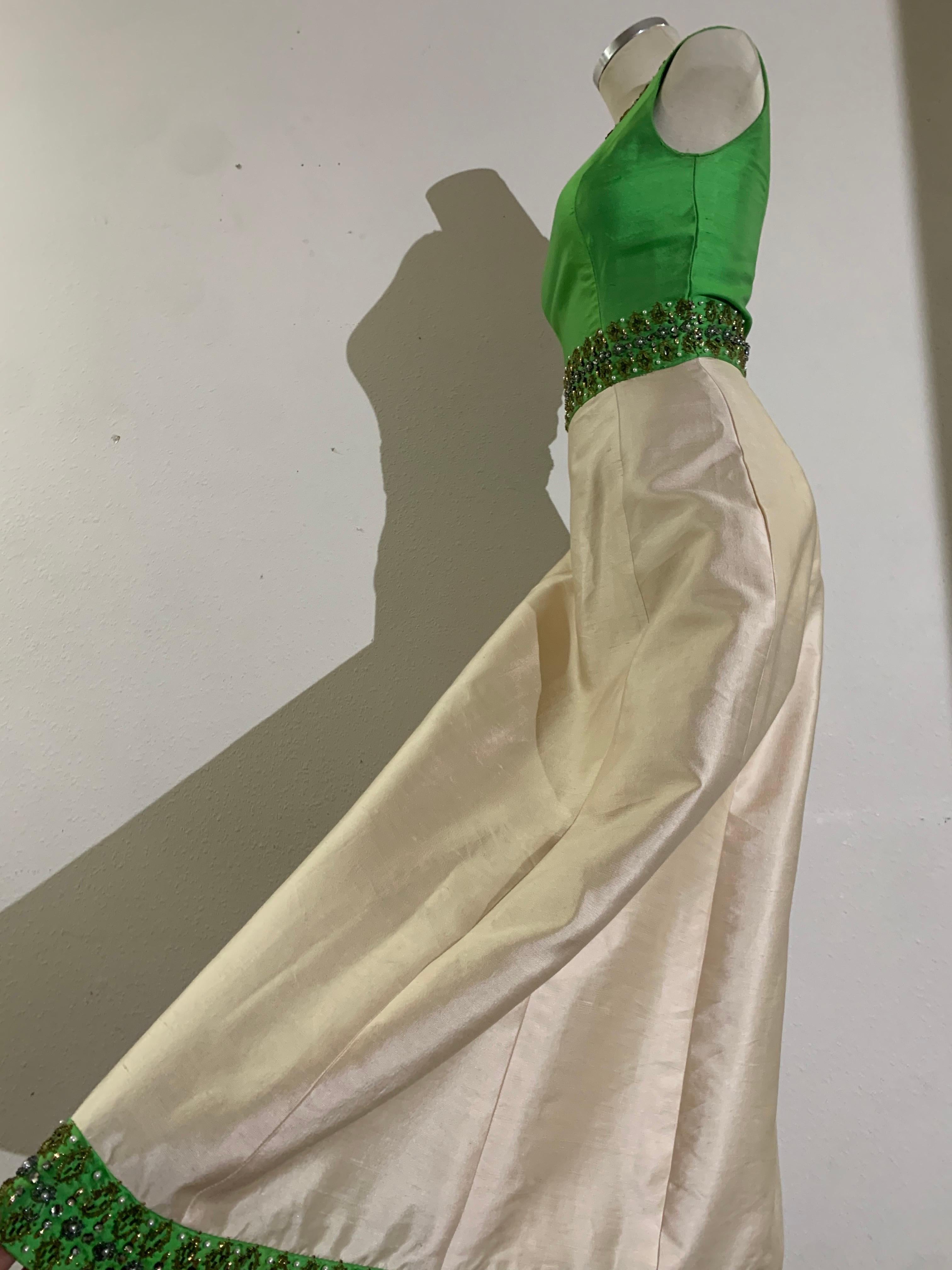 Women's 1960s Chartreuse & Ivory Silk Gown w Intricately Beaded Neck Waist & Hem