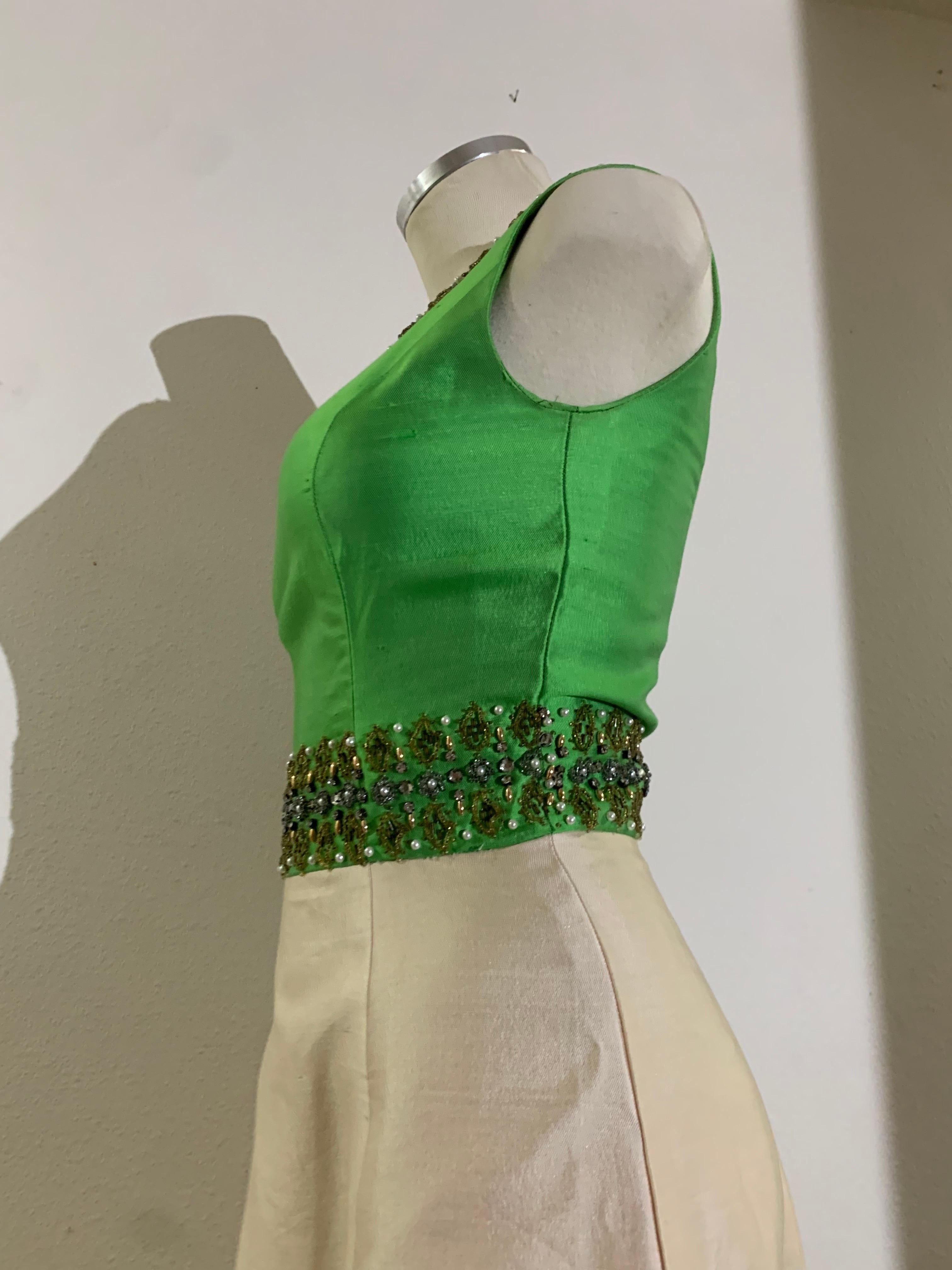 1960s Chartreuse & Ivory Silk Gown w Intricately Beaded Neck Waist & Hem 2