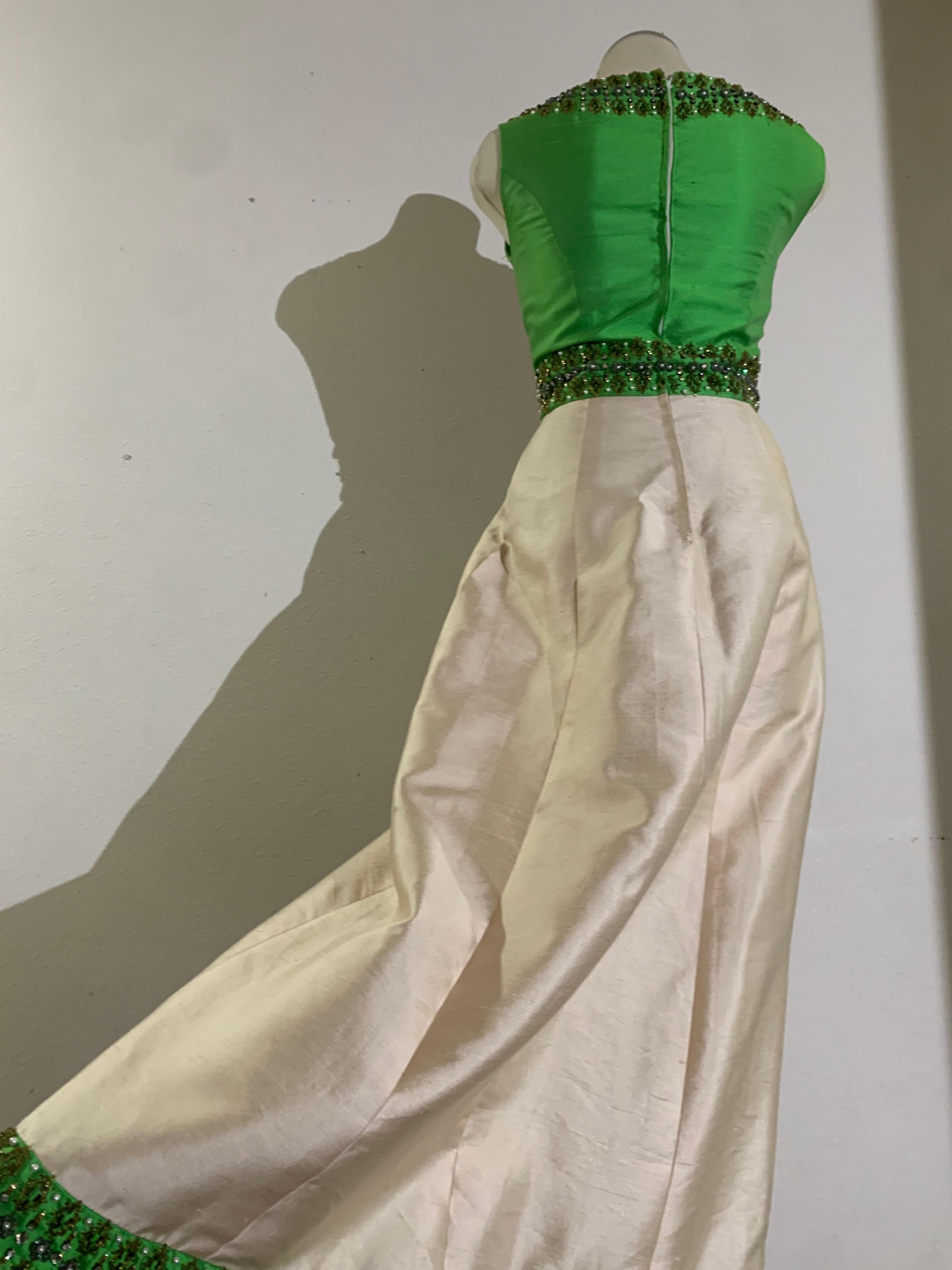 1960s Chartreuse & Ivory Silk Gown w Intricately Beaded Neck Waist & Hem 3