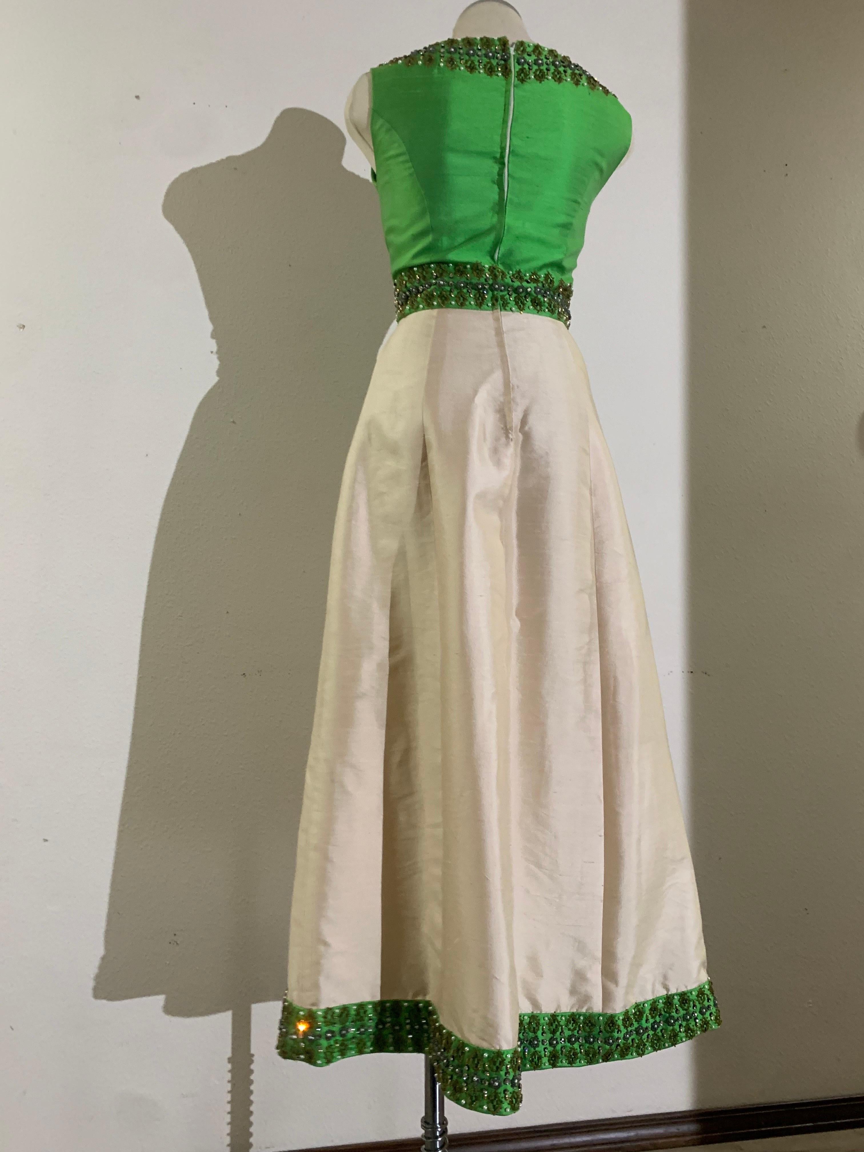 1960s Chartreuse & Ivory Silk Gown w Intricately Beaded Neck Waist & Hem 4