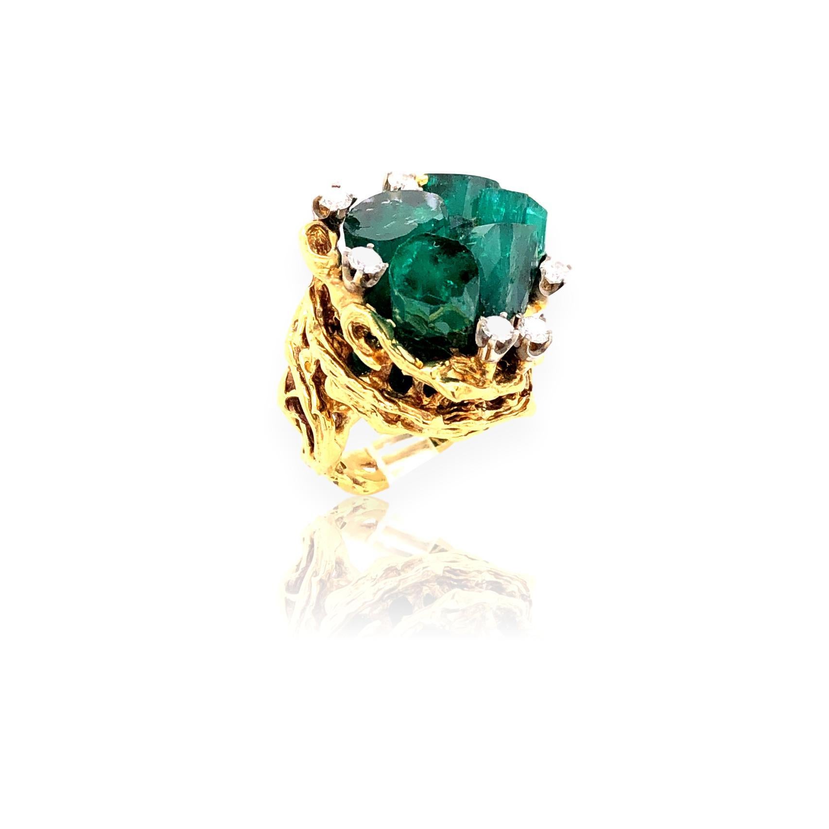 Modernist 1960s Chatham Rough Emerald and Diamond Ring