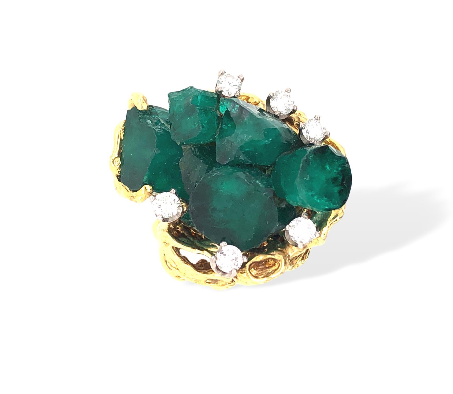 Brilliant Cut 1960s Chatham Rough Emerald and Diamond Ring