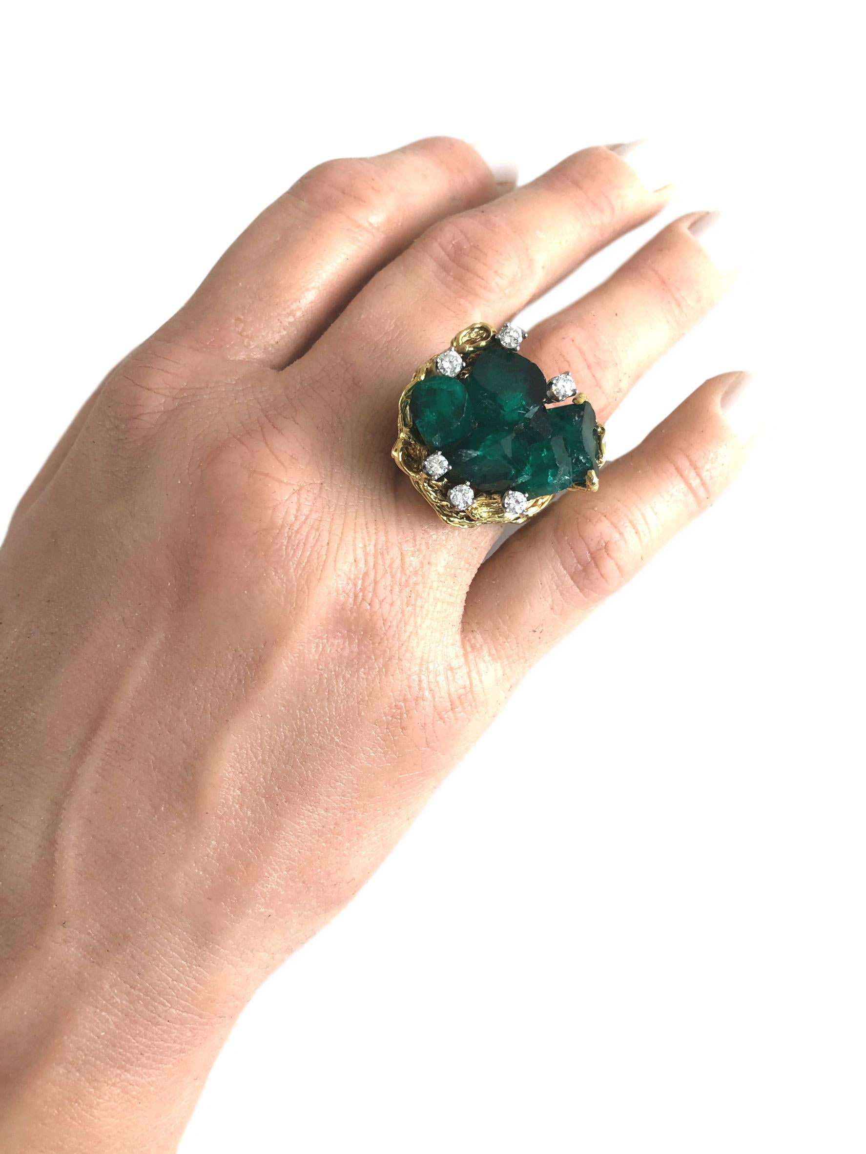 1960s Chatham Rough Emerald and Diamond Ring In Good Condition In Cincinnati, OH