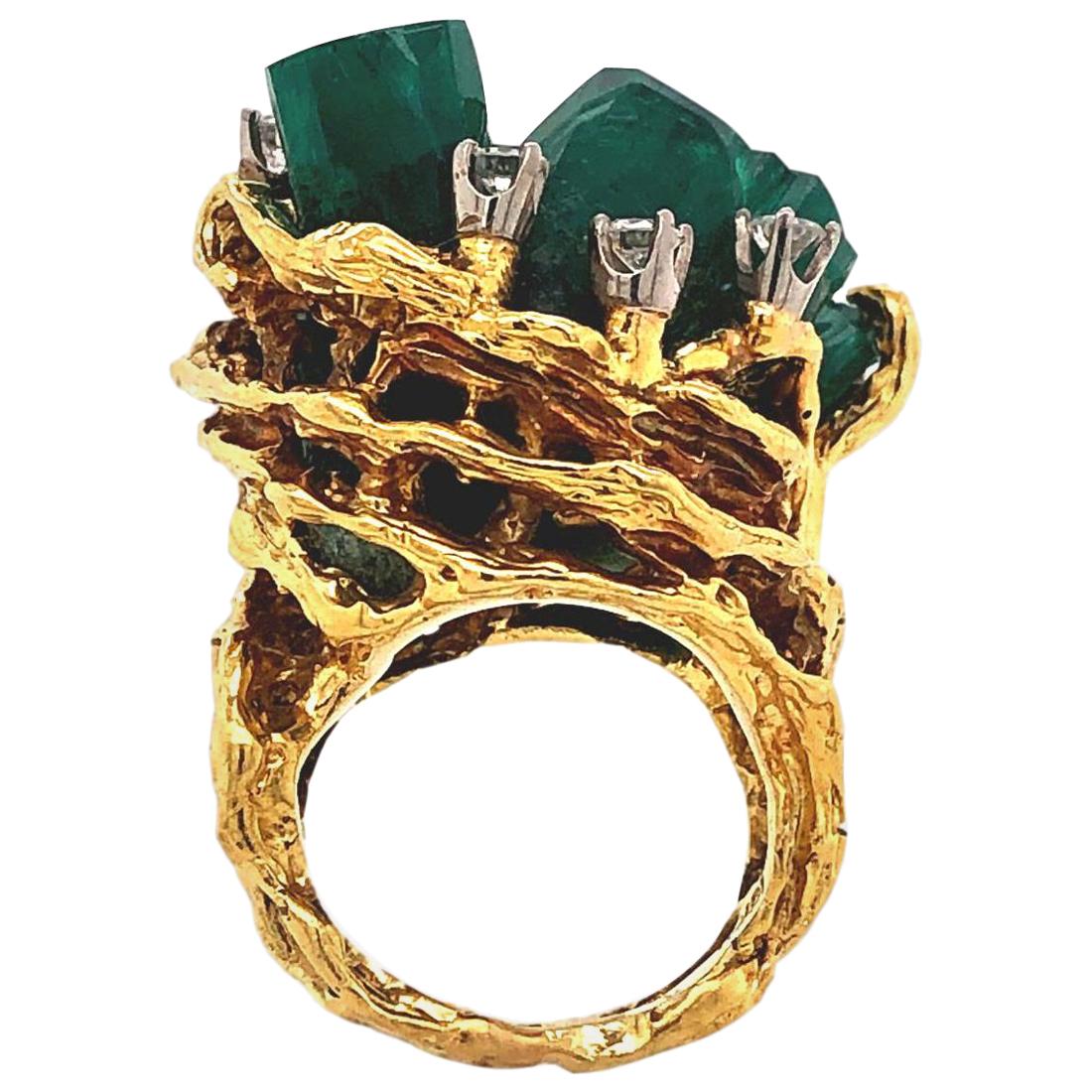 1960s Chatham Rough Emerald and Diamond Ring