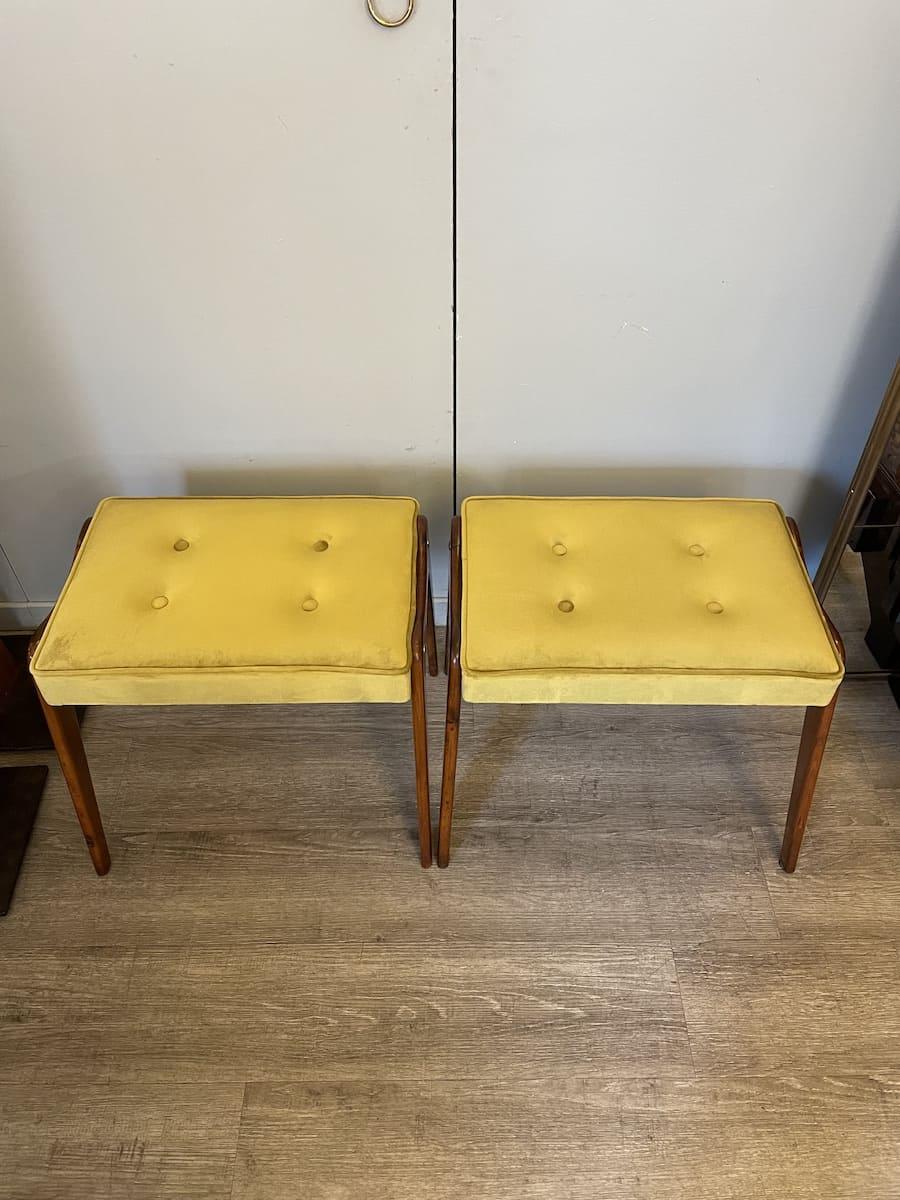 1960s Cherry Wood Legs and Green Velvet Benches, Set of 2

Set of 2 benches in cherry wood and green velvet. New paddings and Recently reupholstered. Conservatively restored, Good condition. Measurements: L 49,5 cm x 39,5 cm x h 44,5 cm each. 
Price