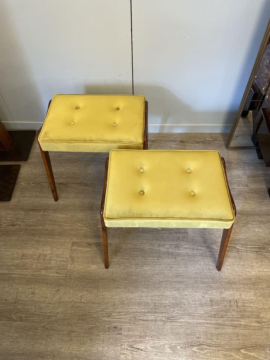 Mid-20th Century 1960s Cherry Wood Legs and Light Green Velvet Benches, Set of 2 For Sale