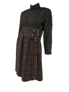 1960s Chester Weinberg Black and White Tweed Fringe Maxi Dress