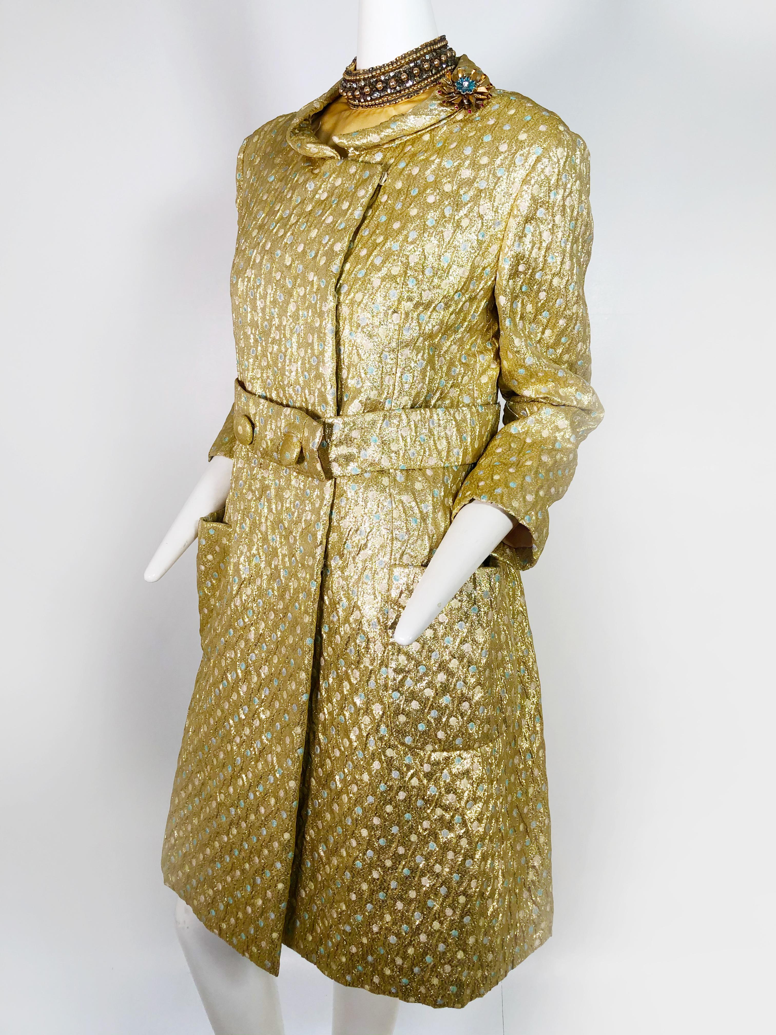 1960s Chester Weinberg gold lame and pastel brocade Mod evening coat:  Large patch pockets, Nehru collar, belt w/ covered buttons. Fully lined. Coat has brooch attached at collar, attached belt and two front patch pockets. Jacket/Dress fit a US size
