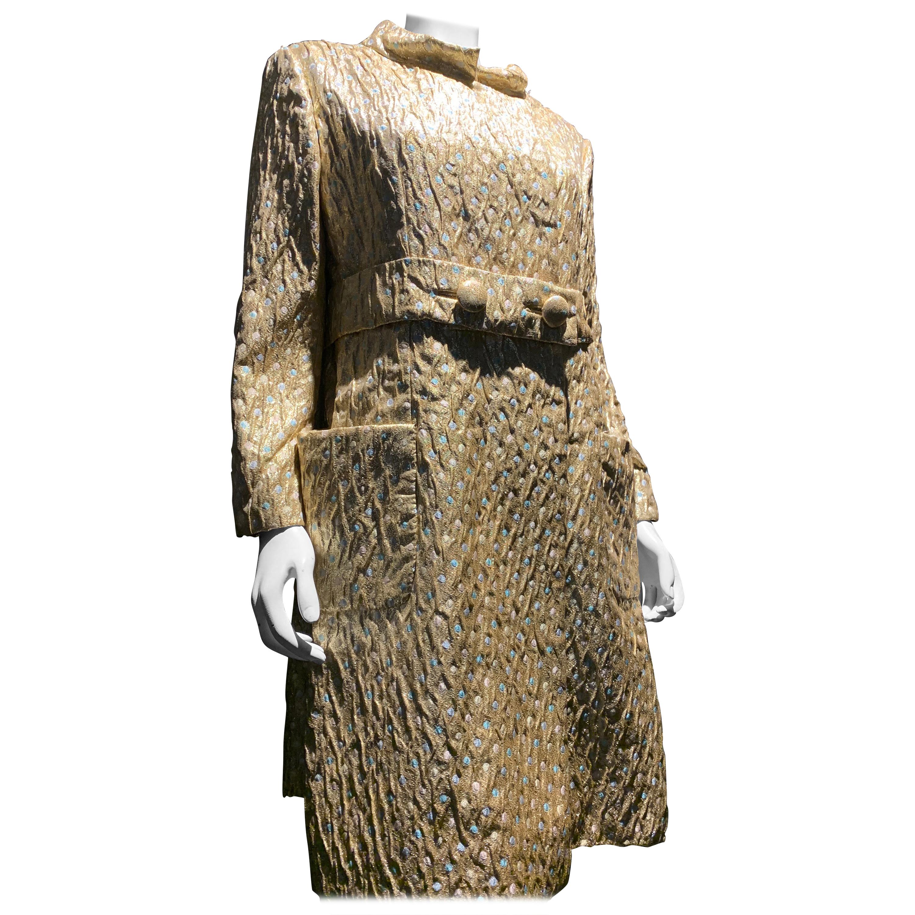 1960s Chester Weinberg Gold Lame and Pastel Brocade Evening Coat Ensemble For Sale