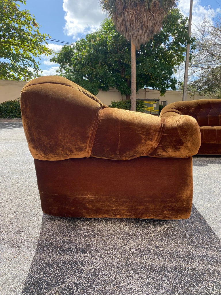 1960s Chesterfield Tufted Silk Velvet Sofa Loveseat Chair on Castors, Set of 3 For Sale at 1stDibs