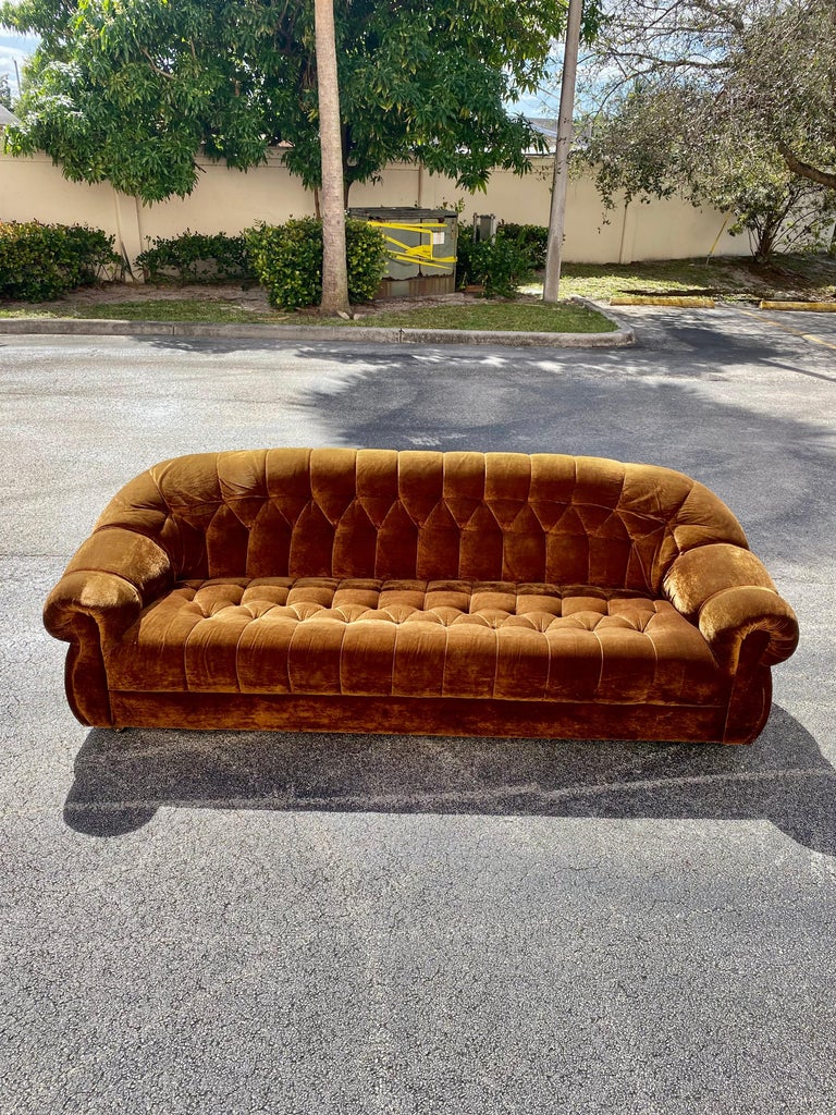 1960s Chesterfield Tufted Silk Velvet Sofa Loveseat Chair on Castors, Set of 3 For Sale at 1stDibs