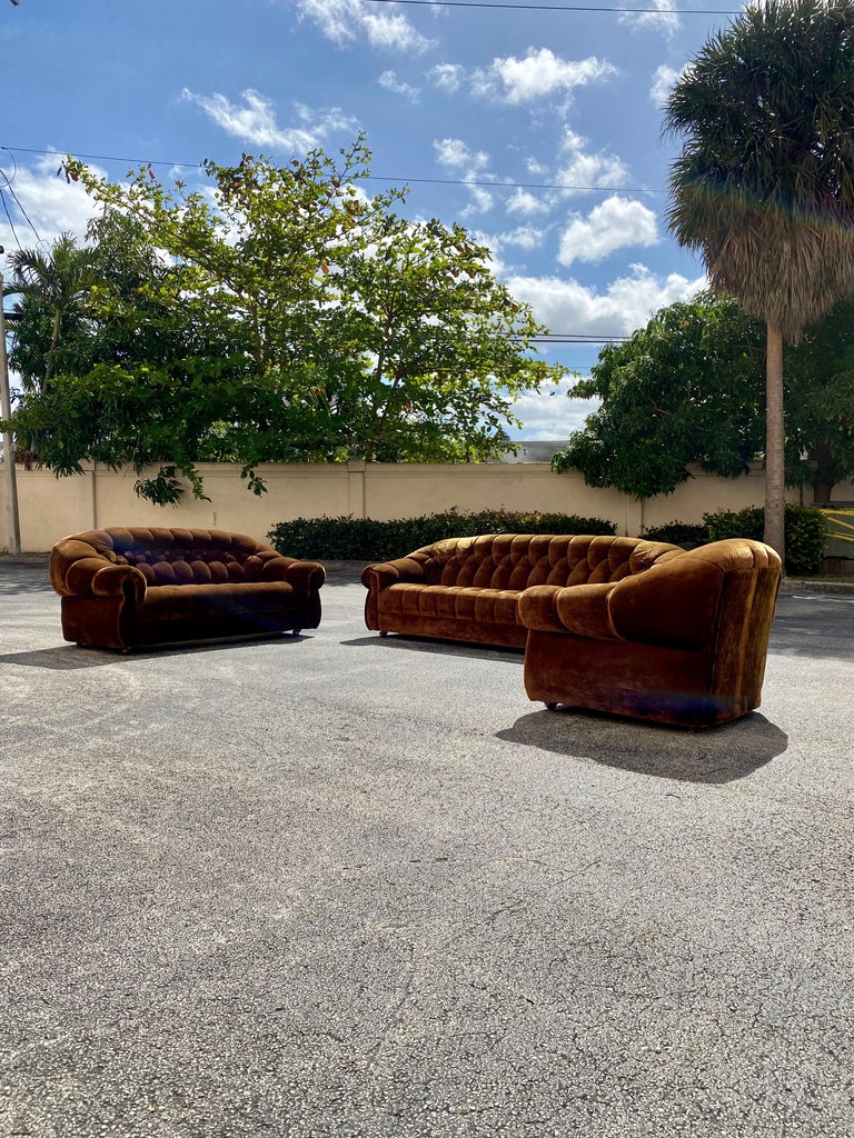1960s Chesterfield Tufted Silk Velvet Sofa Loveseat Chair on Castors, Set of 3 For Sale at 1stDibs