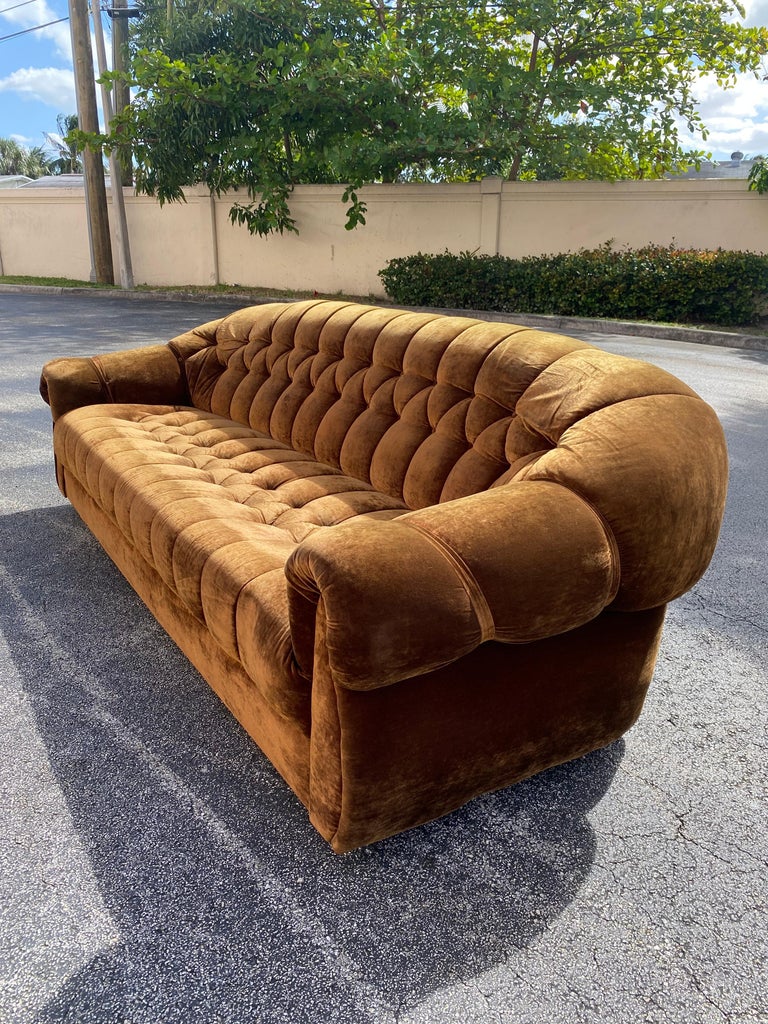 1960s Chesterfield Tufted Silk Velvet Sofa Loveseat Chair on Castors, Set of 3 For Sale at 1stDibs